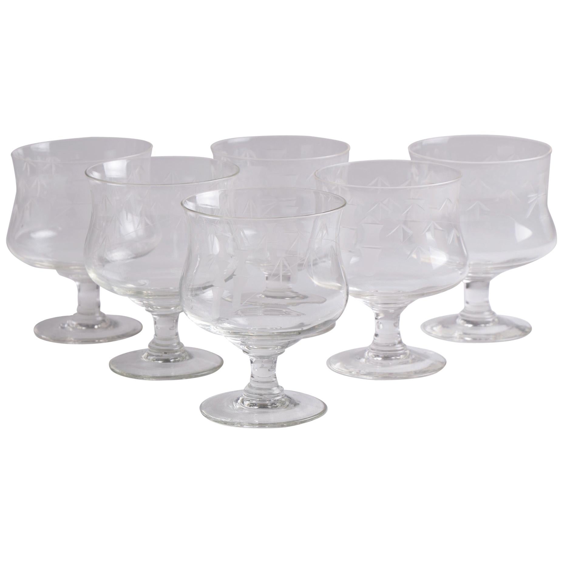 Set of Six French Art Deco Wine Glasses circa 1930 with Bamboo Design For Sale