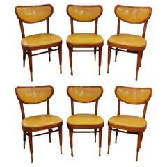 Vintage Set of Six French Bistro Leather and Wooden Chairs