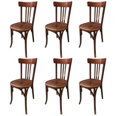 Vintage Set of Six French Bistrot Chairs in Beechwood with Mahogany Patina from 1930s
