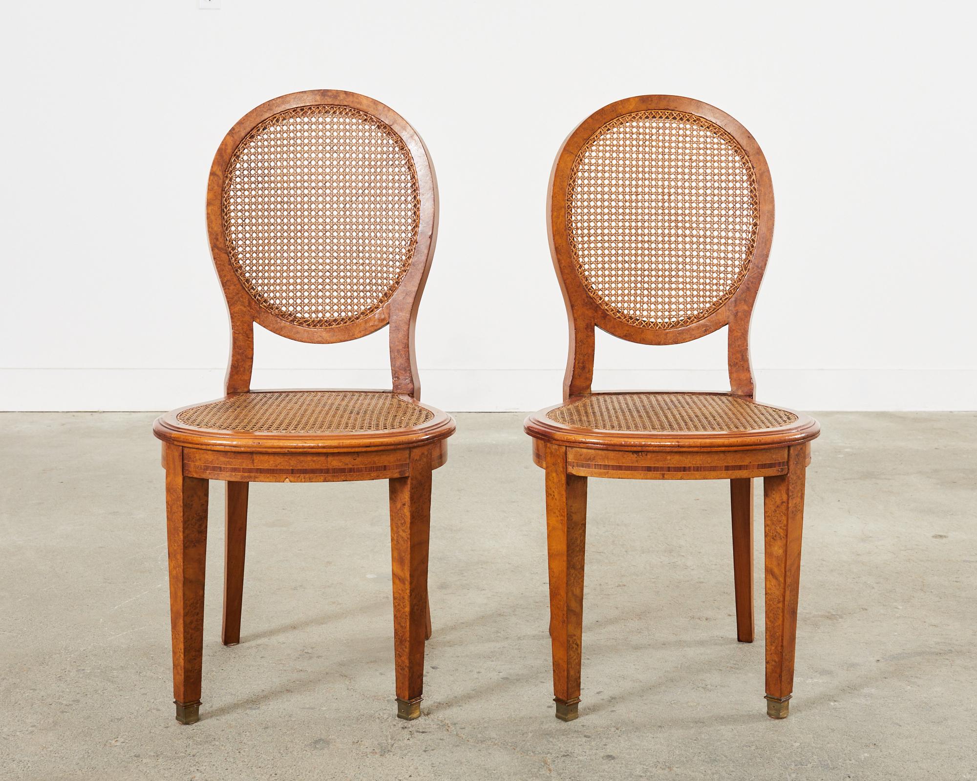 Louis XVI Set of Six French Burlwood Caned Dining Chairs  For Sale
