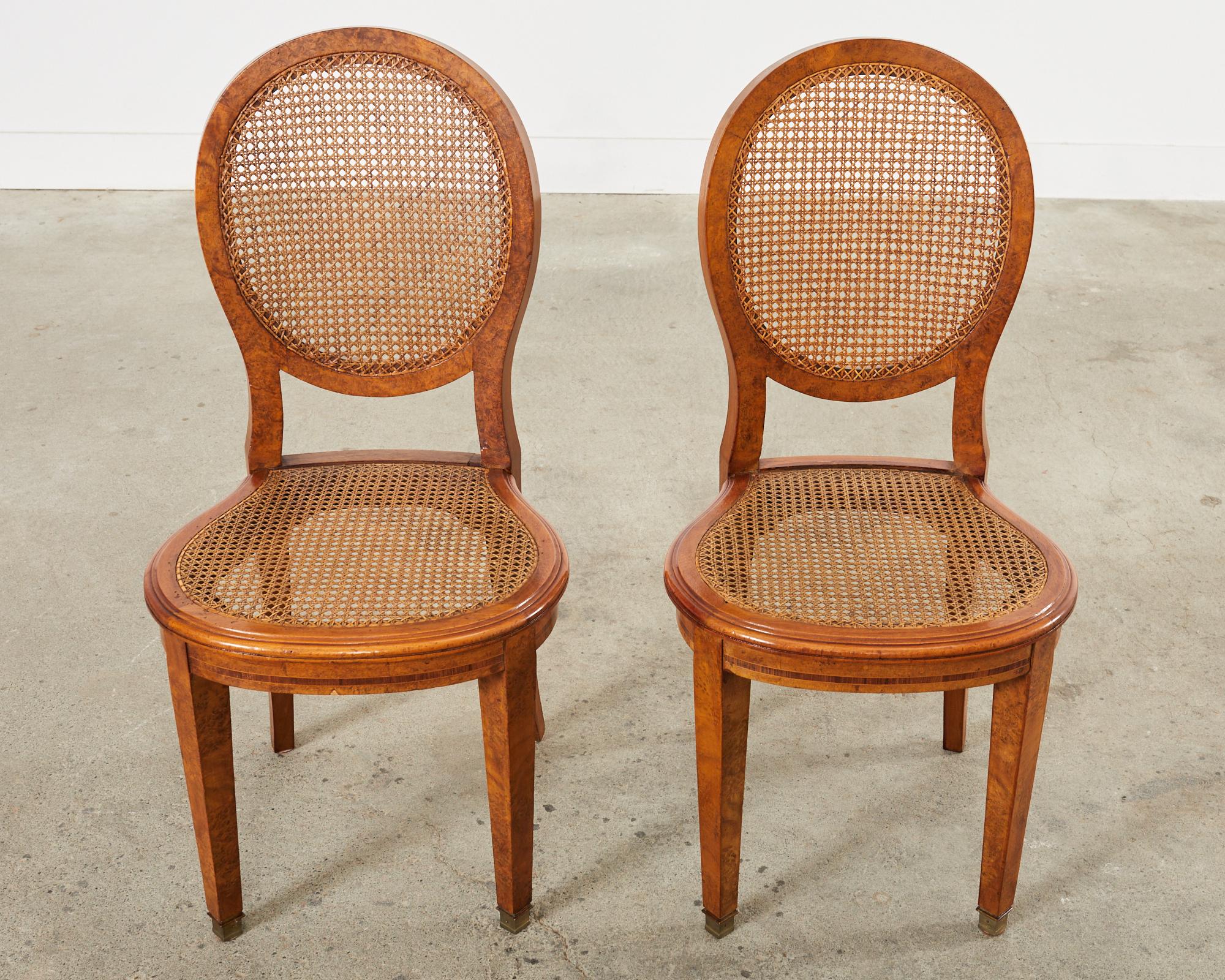 Hand-Crafted Set of Six French Burlwood Caned Dining Chairs  For Sale