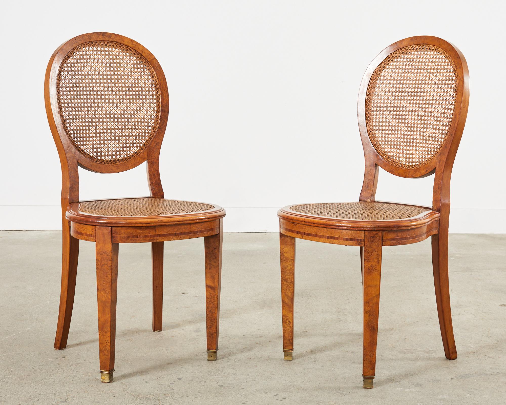 Set of Six French Burlwood Caned Dining Chairs  In Good Condition For Sale In Rio Vista, CA