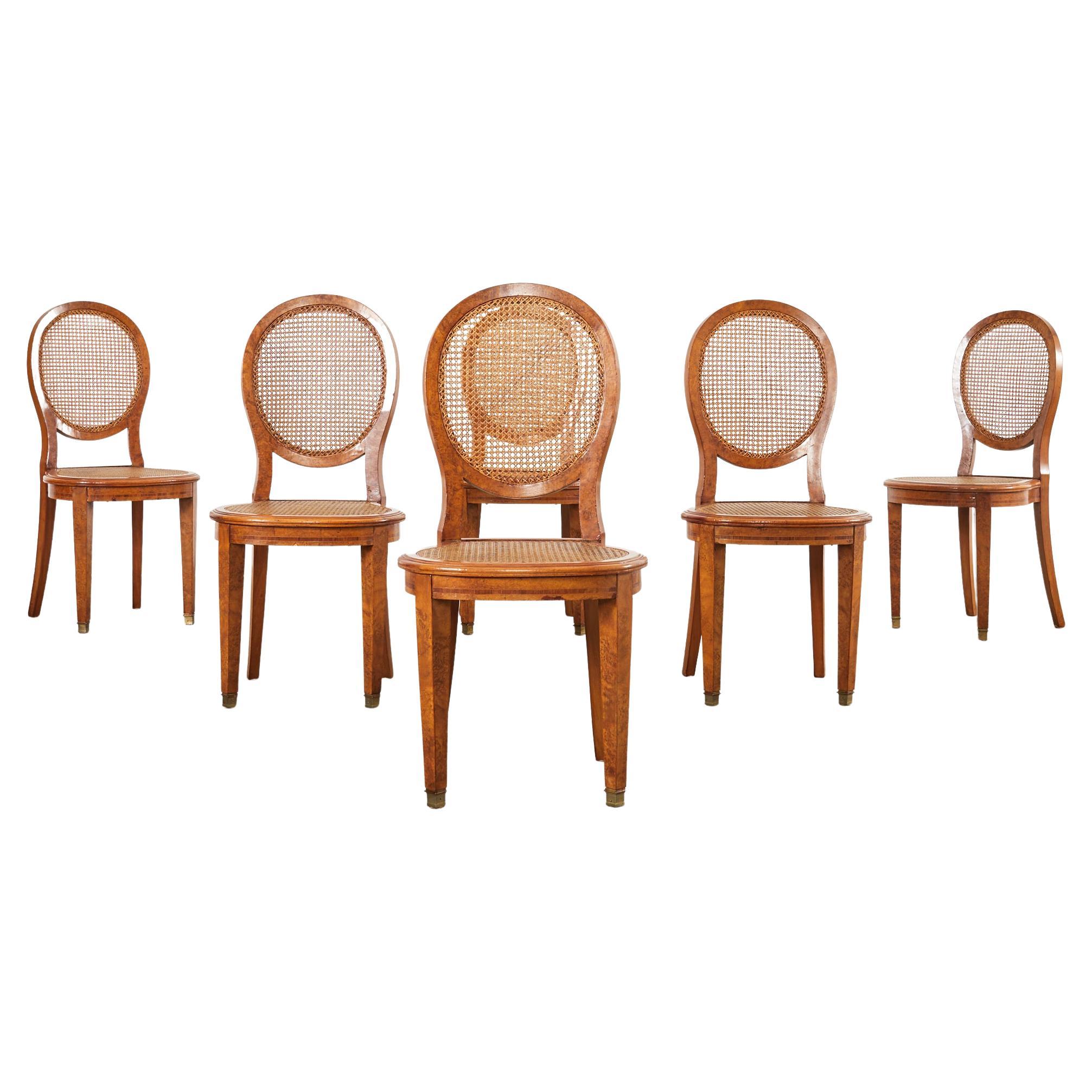 Set of Six French Burlwood Caned Dining Chairs  For Sale