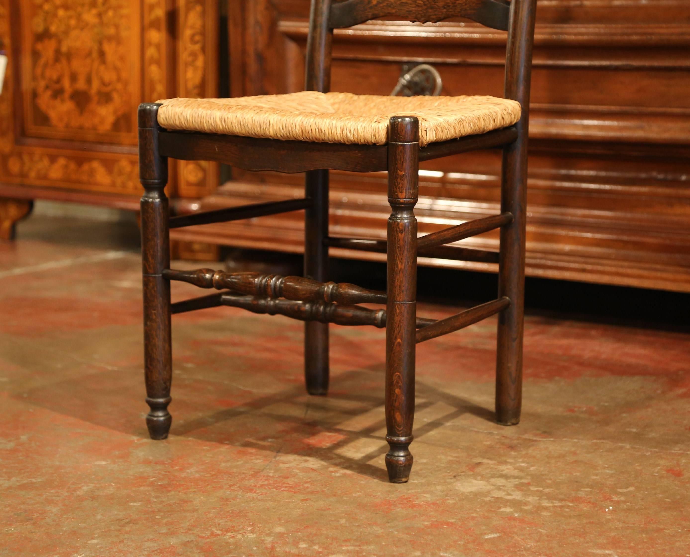 Set of Six French Carved Oak Ladder Back Chairs with Rush Woven Seat In Excellent Condition In Dallas, TX