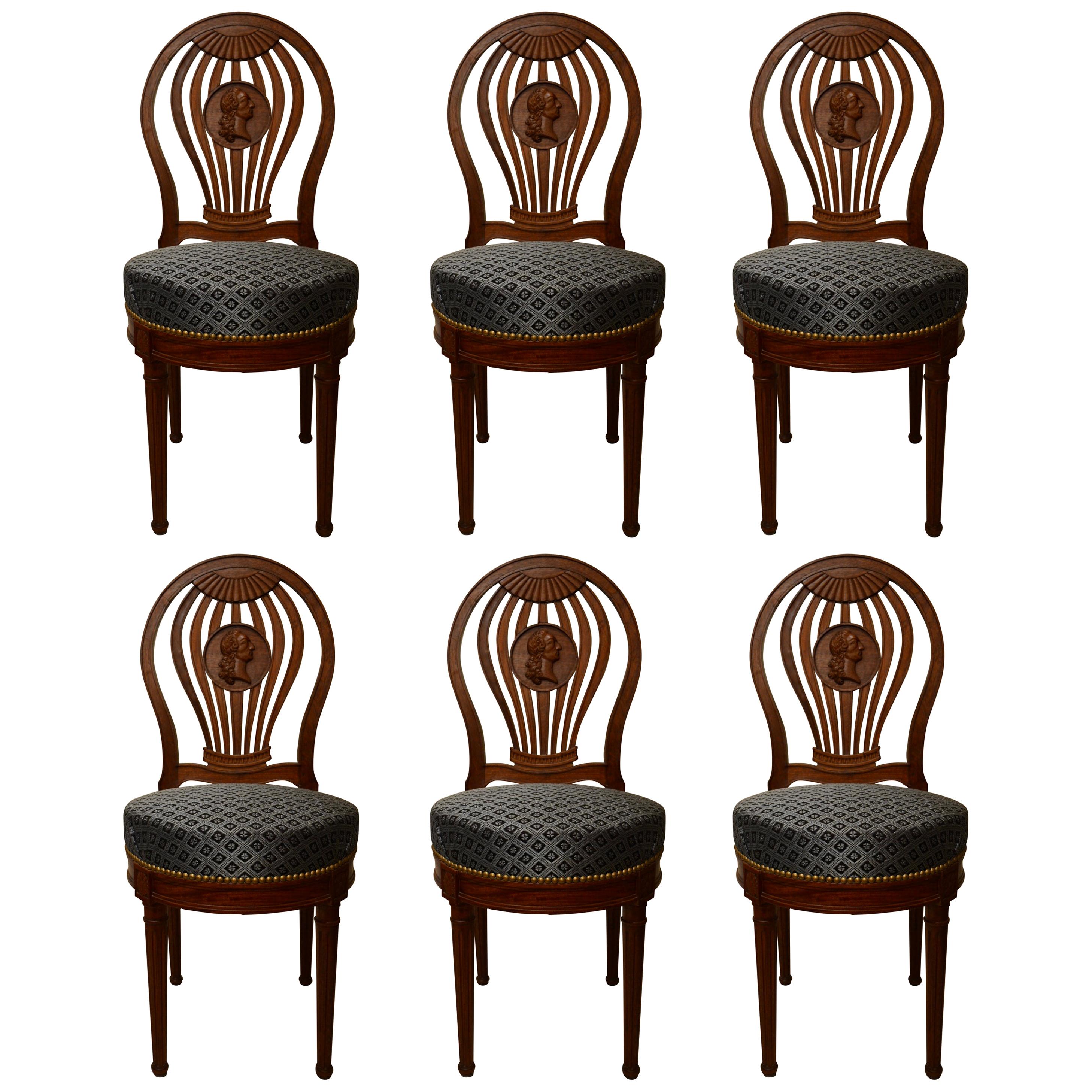 Set of Six French Carved Walnut Chairs For Sale
