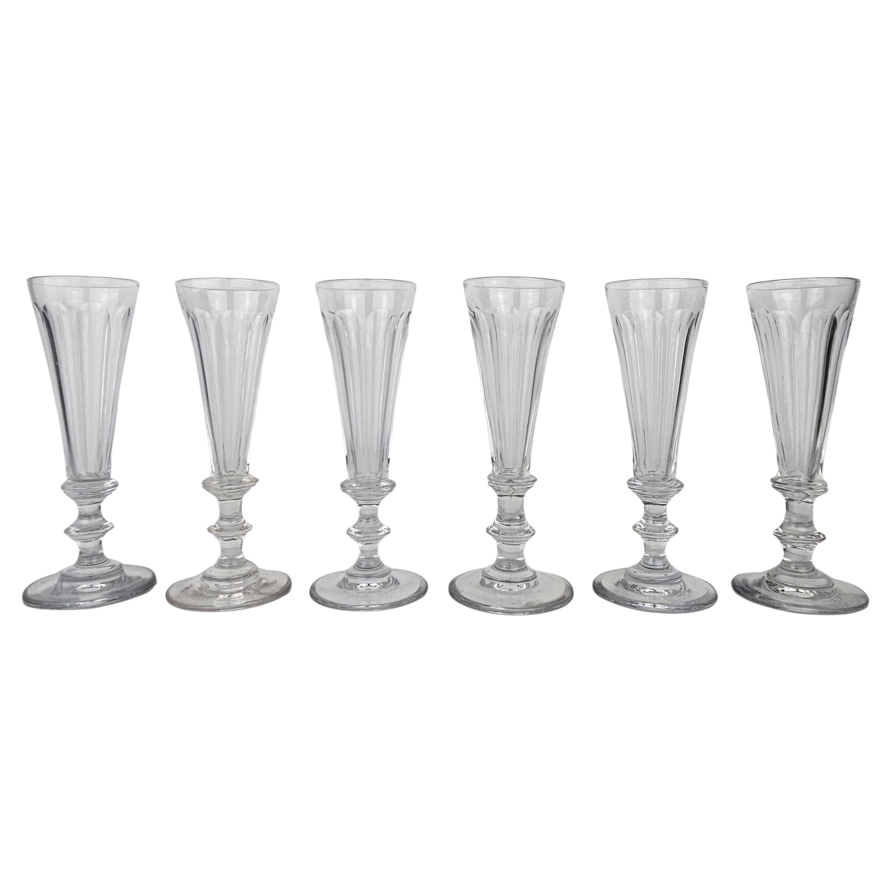 Set of Six French Champagne Flutes in Crystal Glass, Ca. 1870