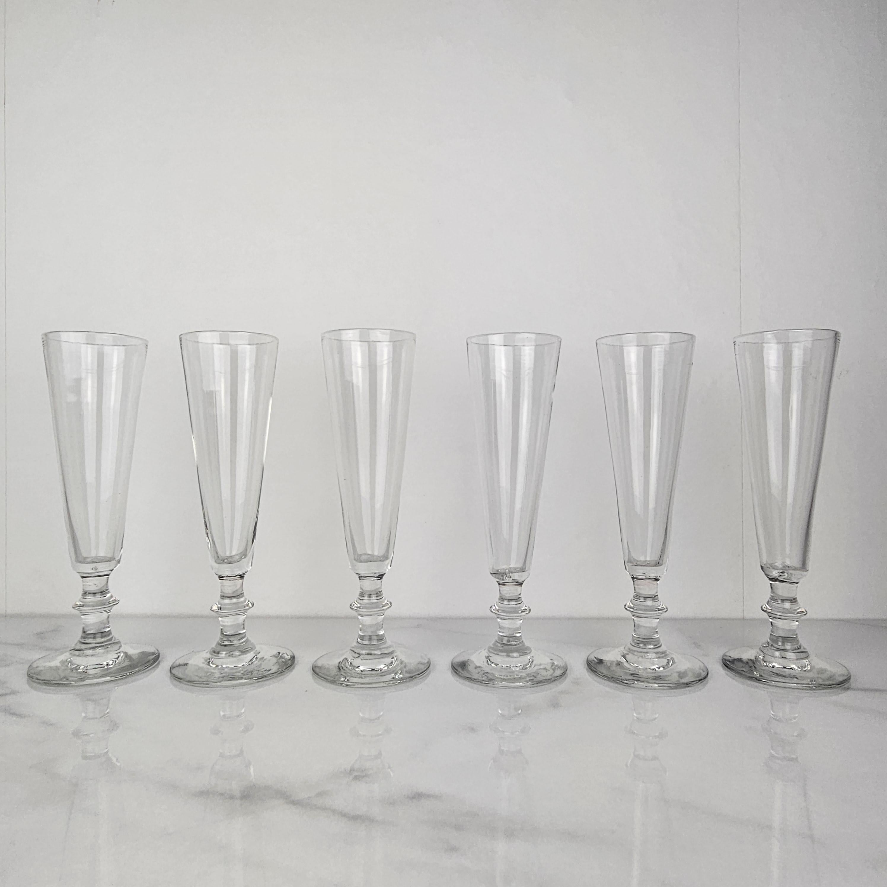 Romantic Set of Six French Champagne Flutes in Glass, Ca. 1870 For Sale