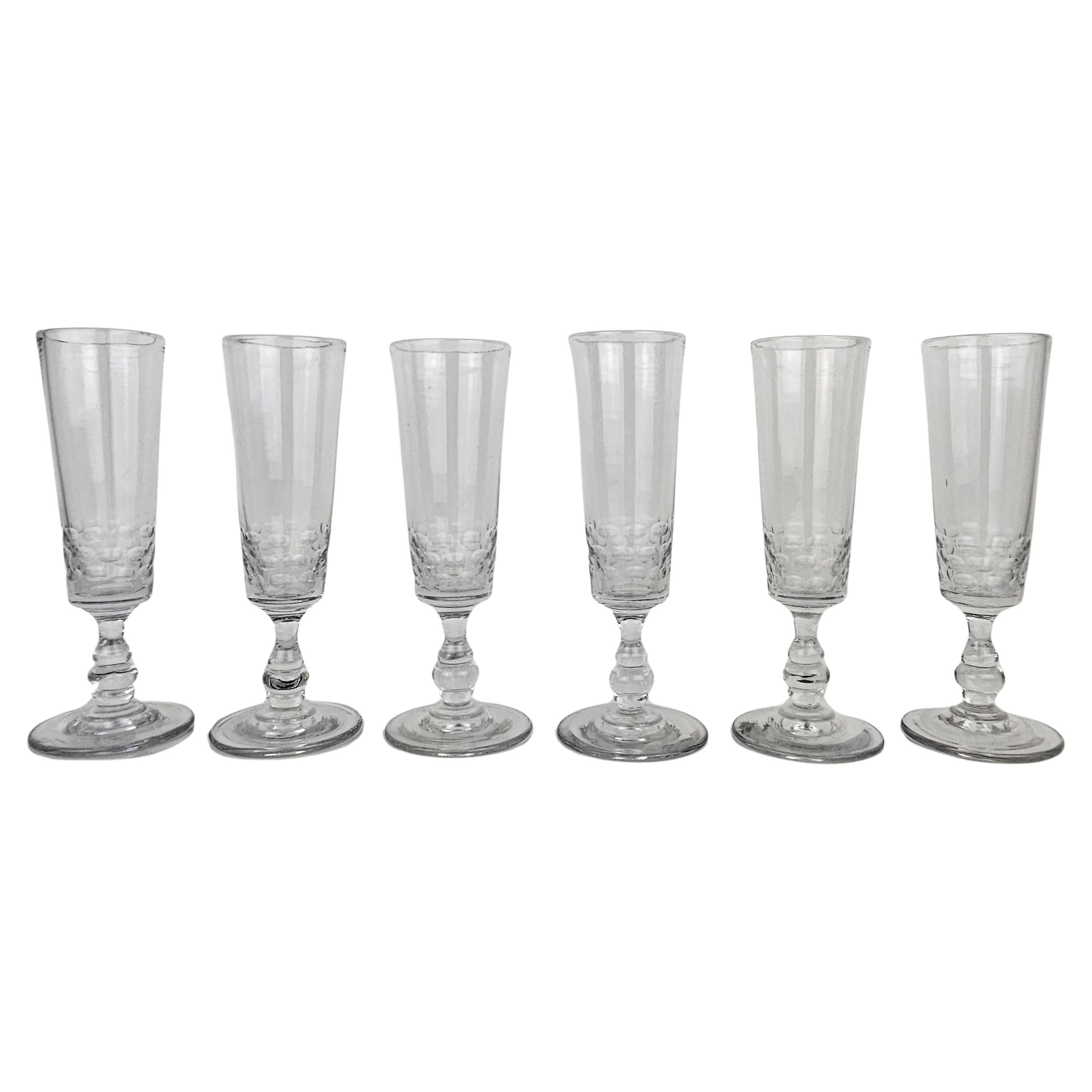 Set of Six French Champagne Flutes in Glass, Ca. 1880