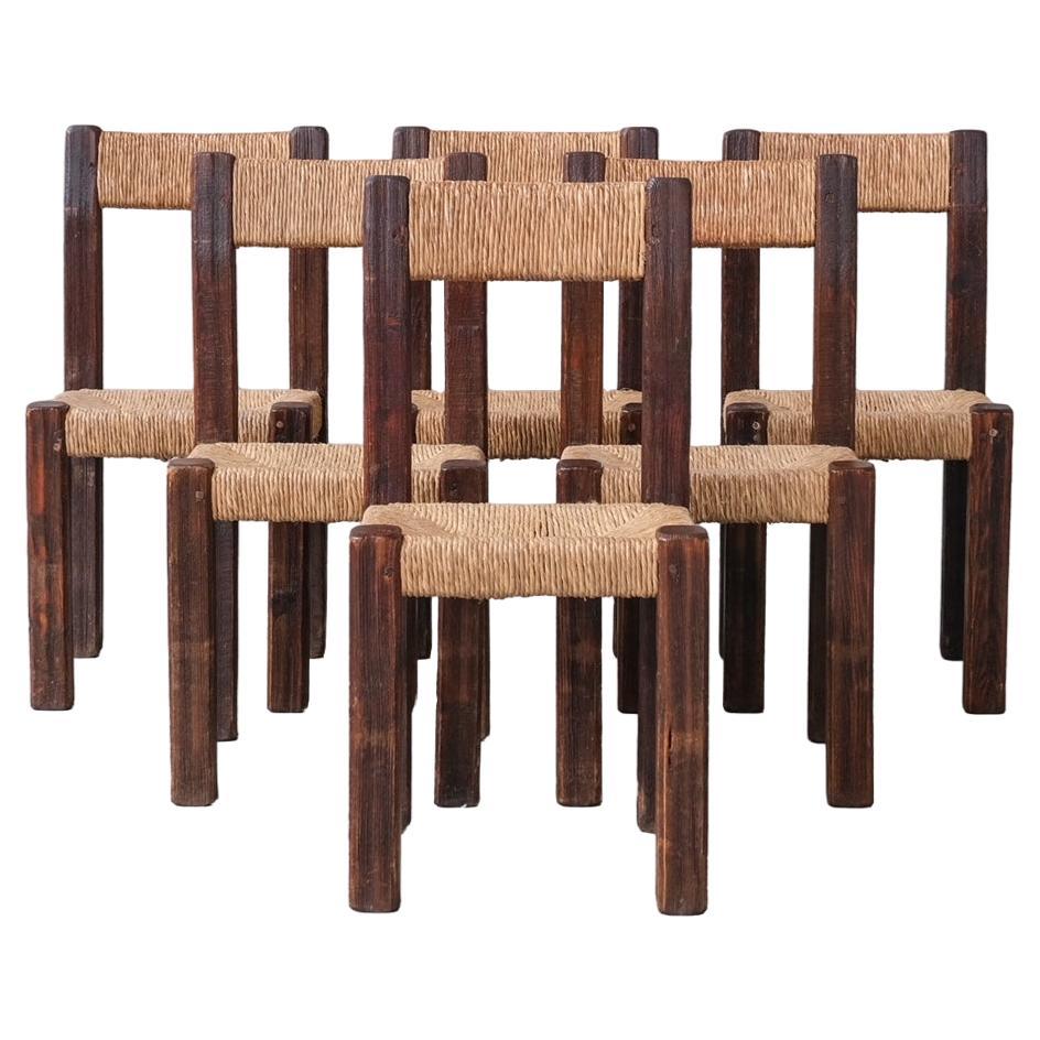 Set of Six French Chunky Rush Mid-Century Dining Chairs