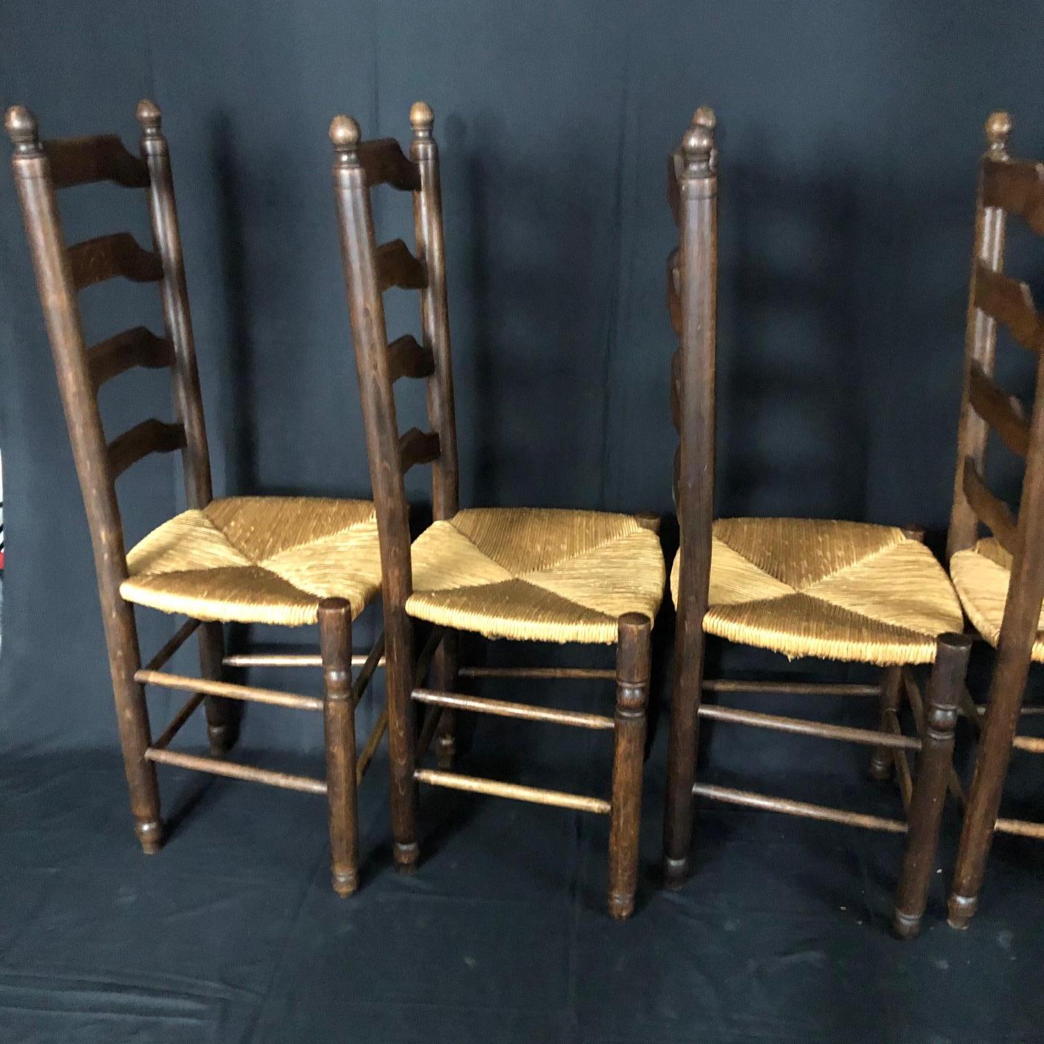 French Provincial Set of Six French Country Ladderback Chairs with Rush Seats