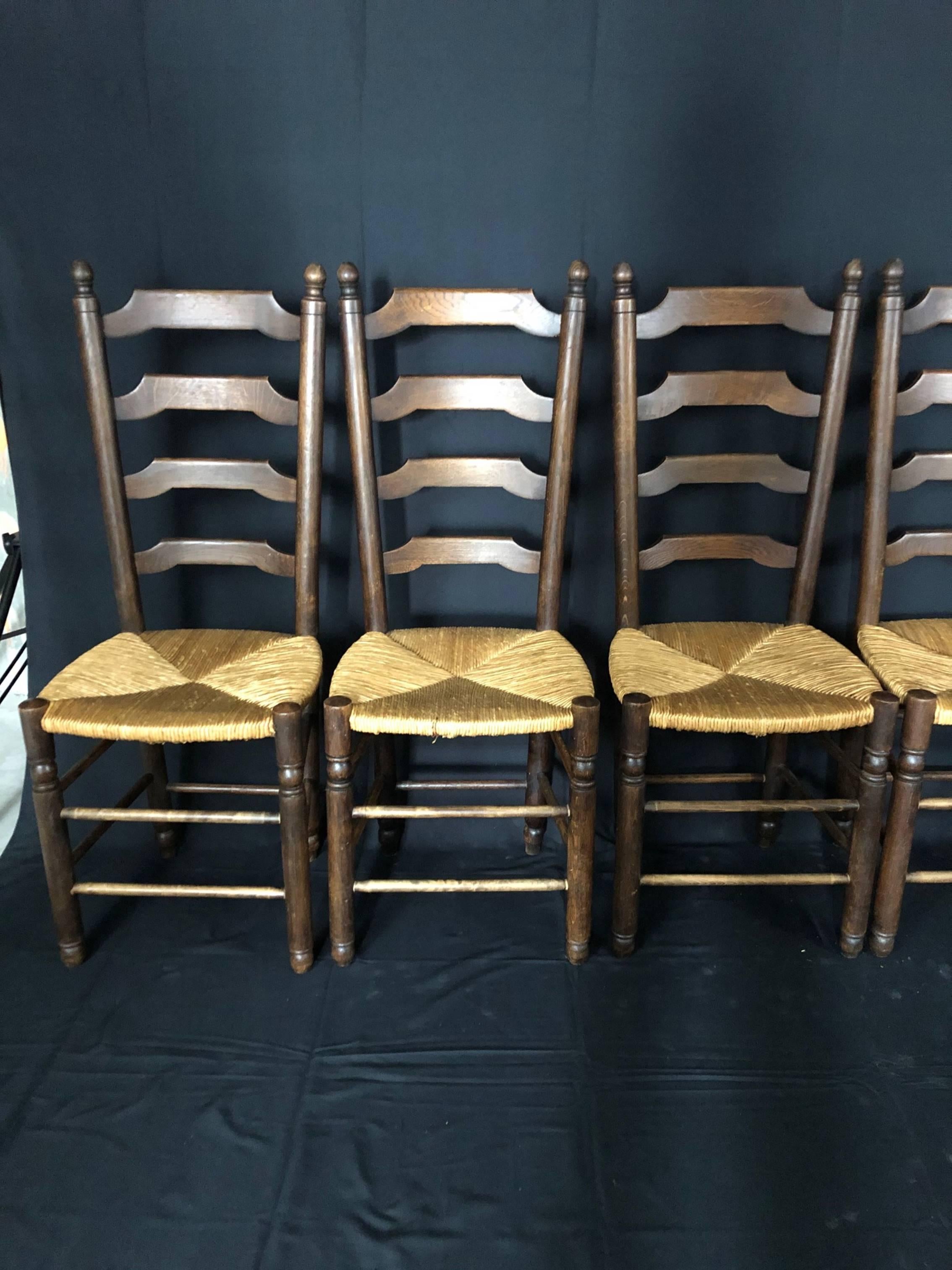 Set of Six French Country Ladderback Chairs with Rush Seats 1