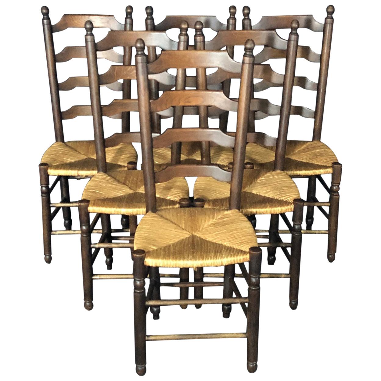 Set of Six French Country Ladderback Chairs with Rush Seats For Sale at