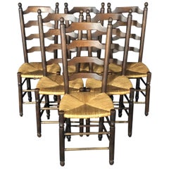 Set of Six French Country Ladderback Chairs with Rush Seats