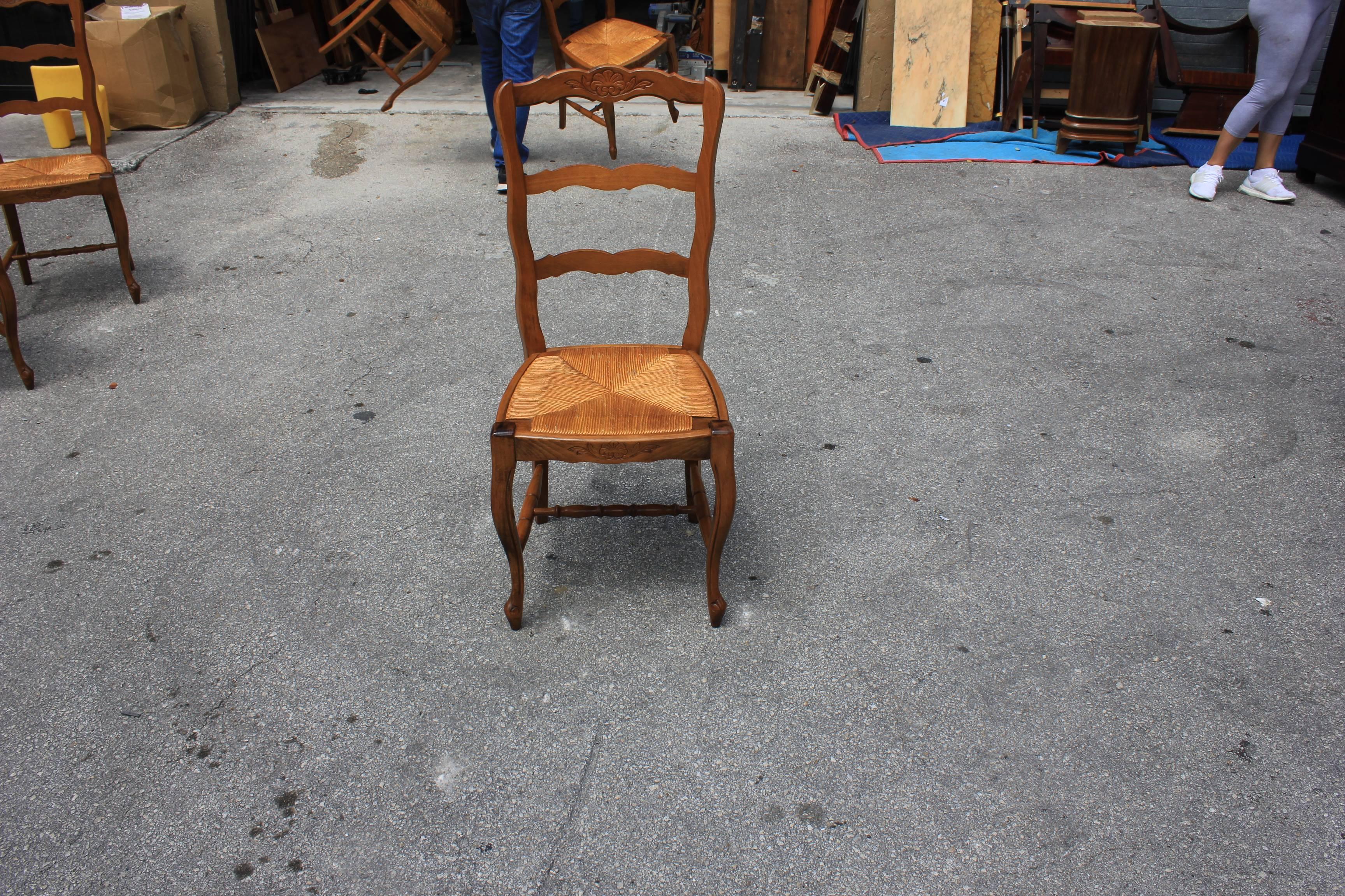 Set of Six French Country Rush Seat Solid Walnut Dining Chairs, circa 1910s 5