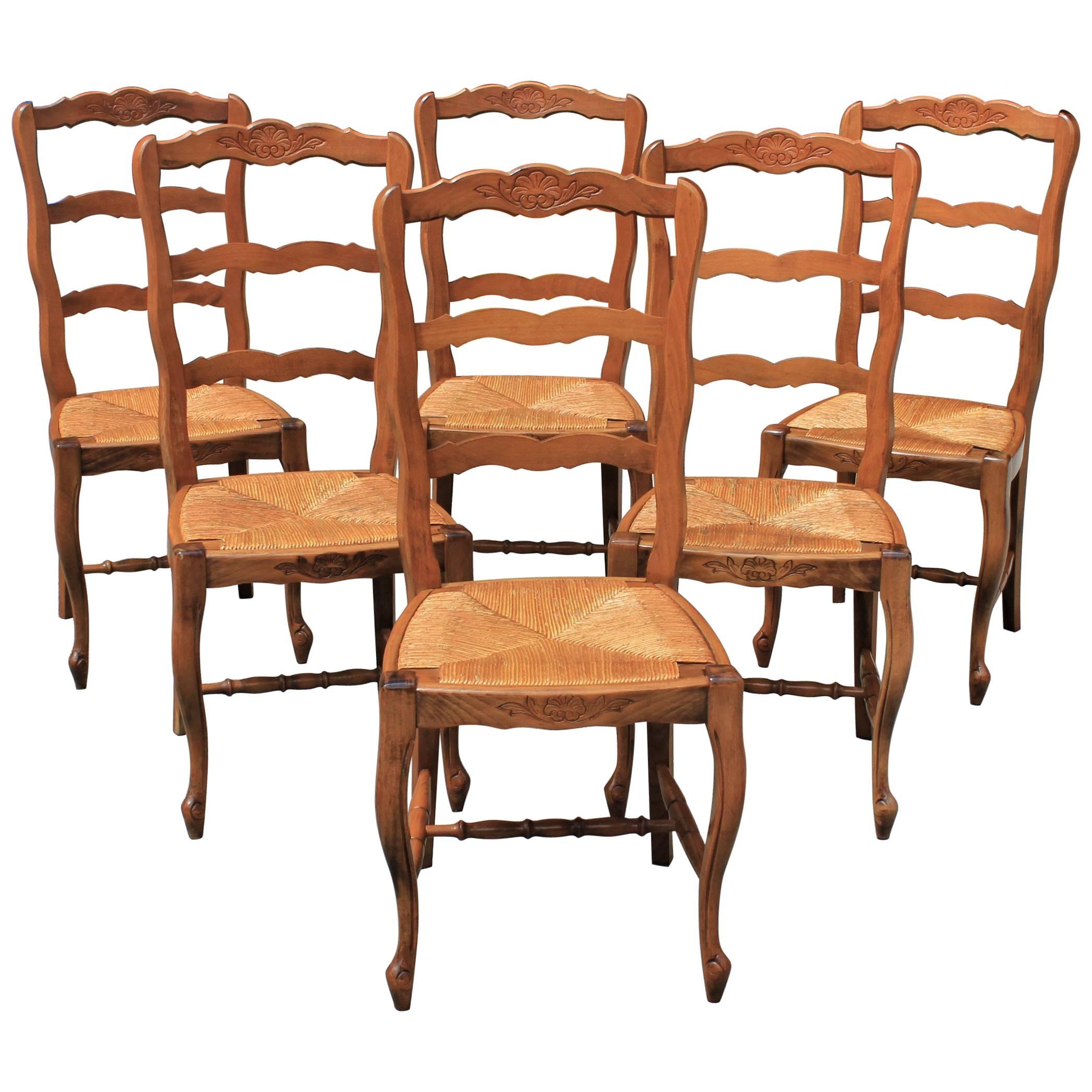 Set of Six French Country Rush Seat Solid Walnut Dining Chairs, circa 1910s