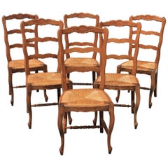 Antique Set of Six French Country Rush Seat Solid Walnut Dining Chairs, circa 1910s