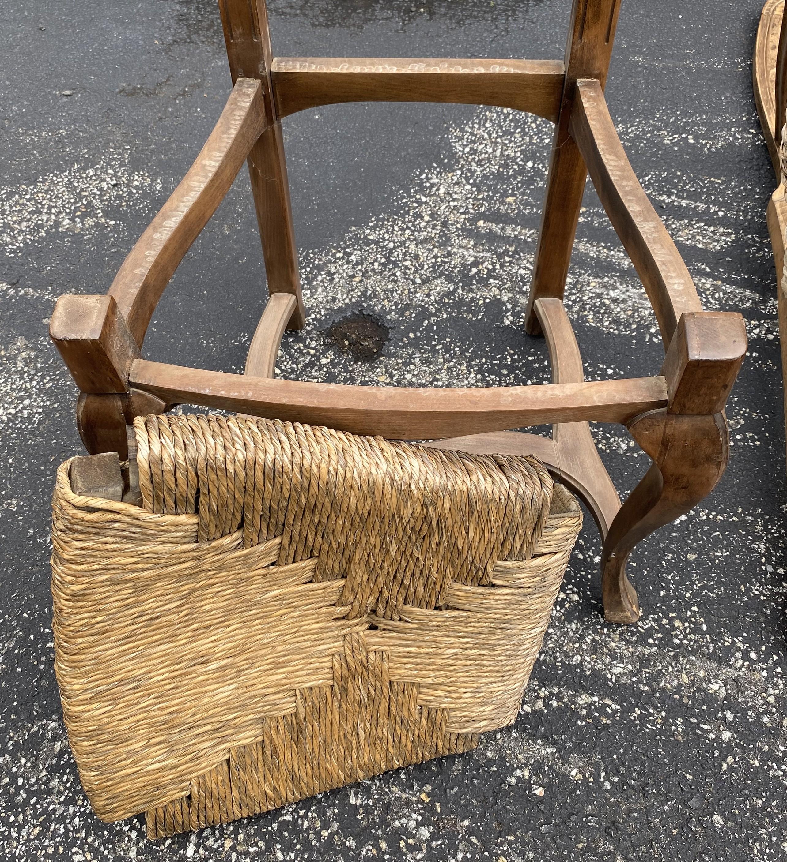 Set of Six French Country Walnut Dining Chairs with Rush Seats For Sale 5
