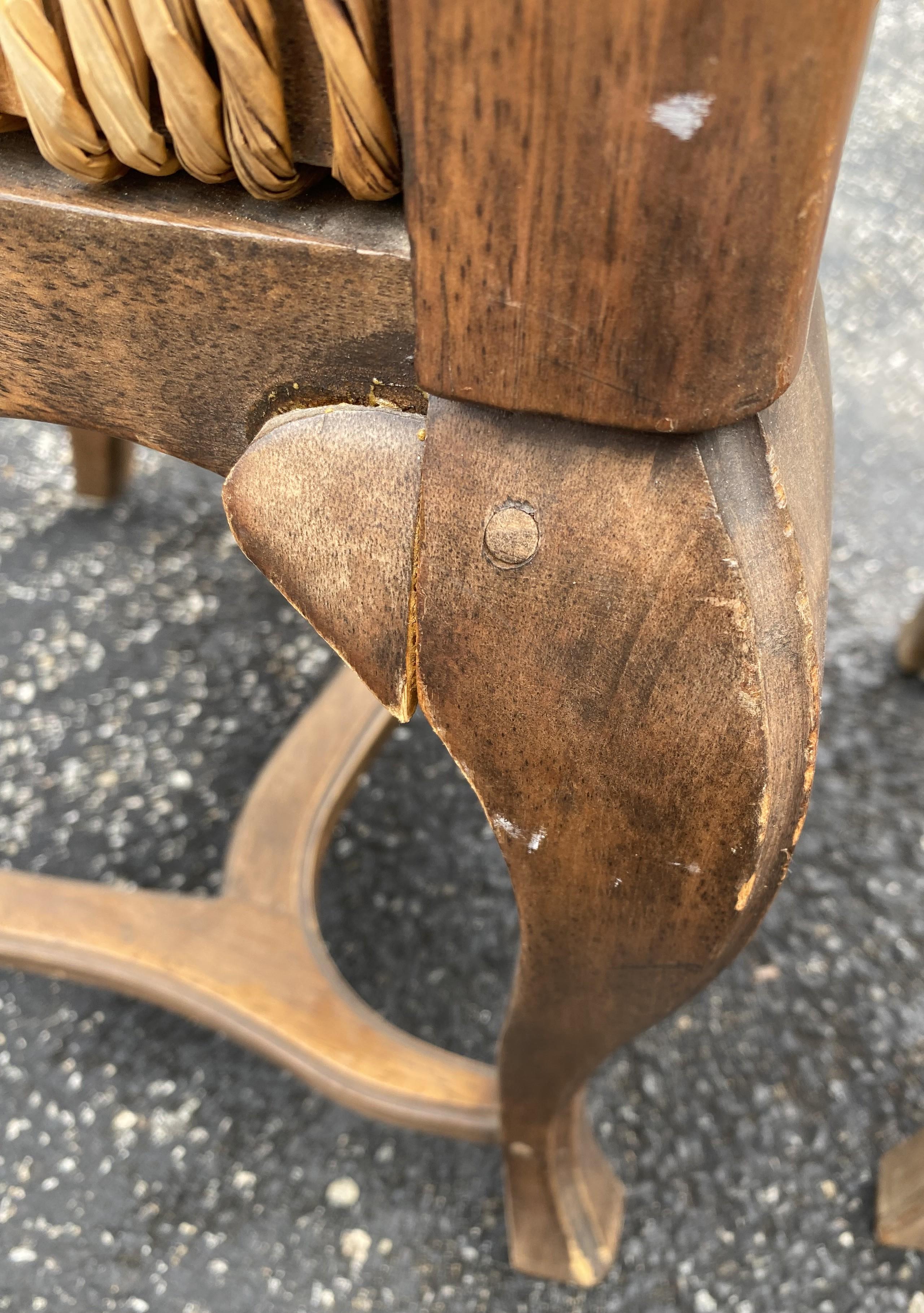 Set of Six French Country Walnut Dining Chairs with Rush Seats For Sale 6