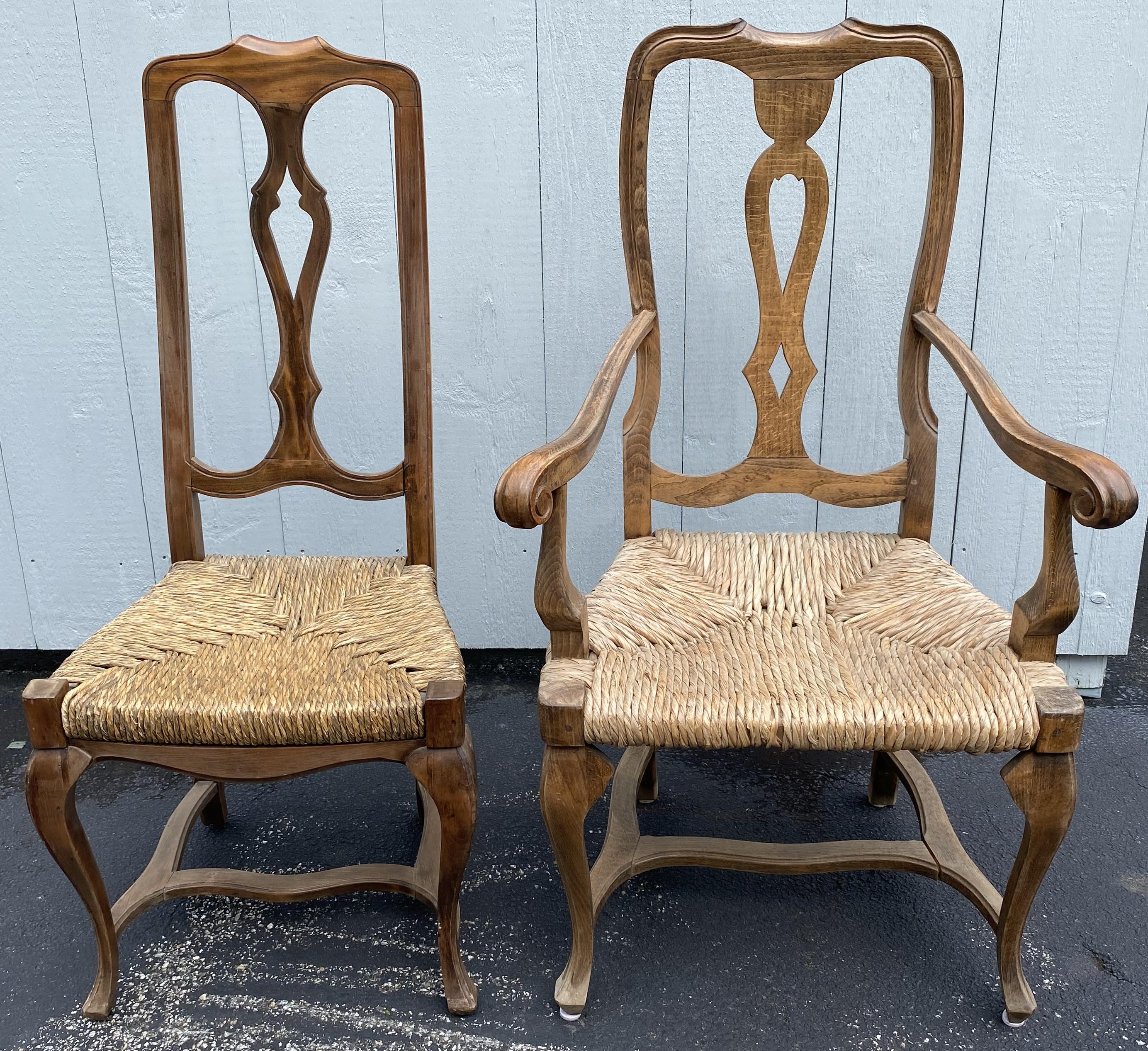 French Provincial Set of Six French Country Walnut Dining Chairs with Rush Seats For Sale