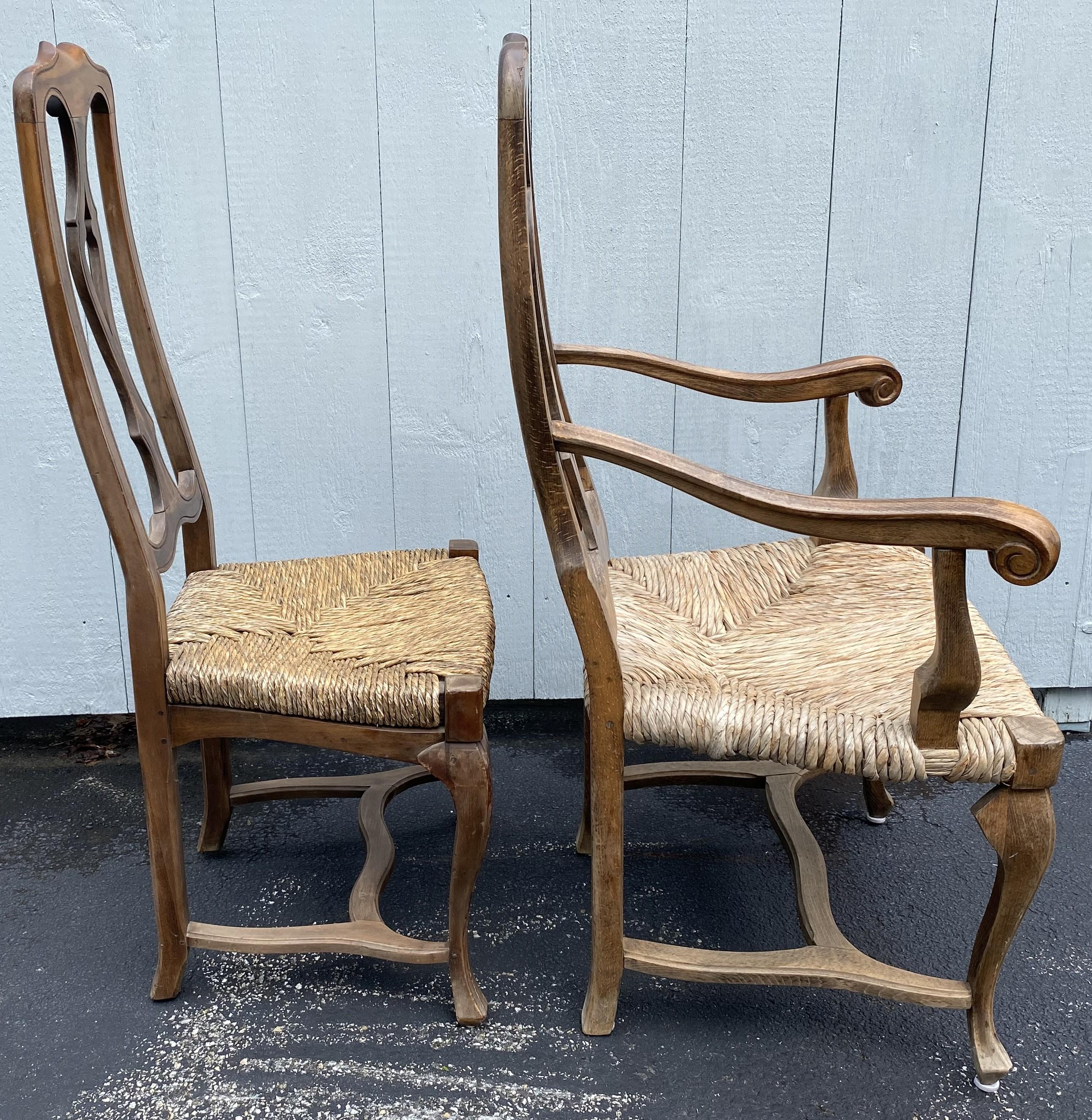 Hand-Carved Set of Six French Country Walnut Dining Chairs with Rush Seats For Sale