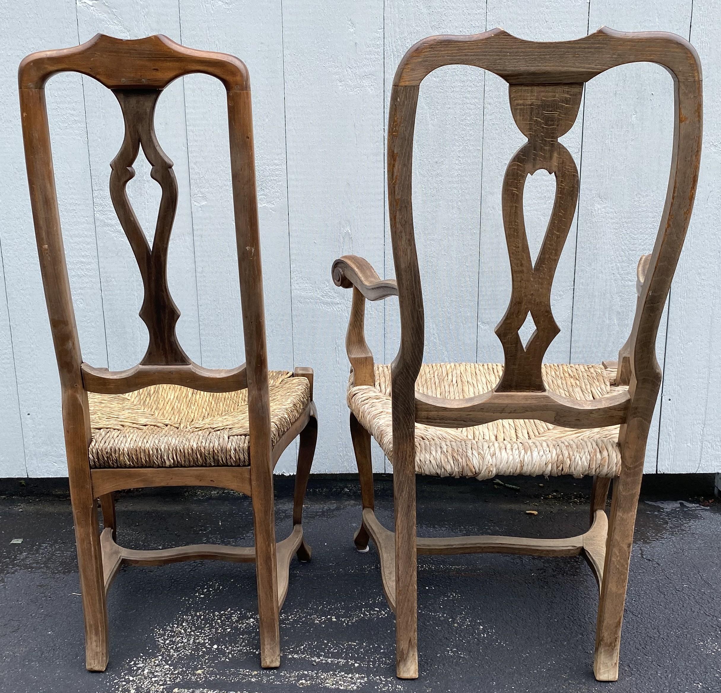 Set of Six French Country Walnut Dining Chairs with Rush Seats In Good Condition For Sale In Milford, NH