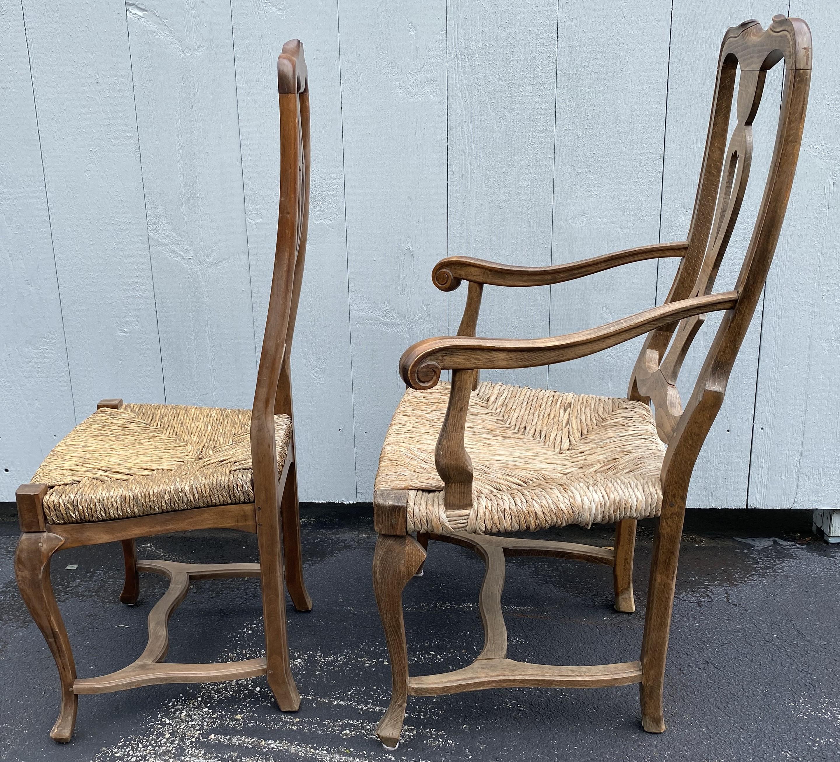 20th Century Set of Six French Country Walnut Dining Chairs with Rush Seats For Sale