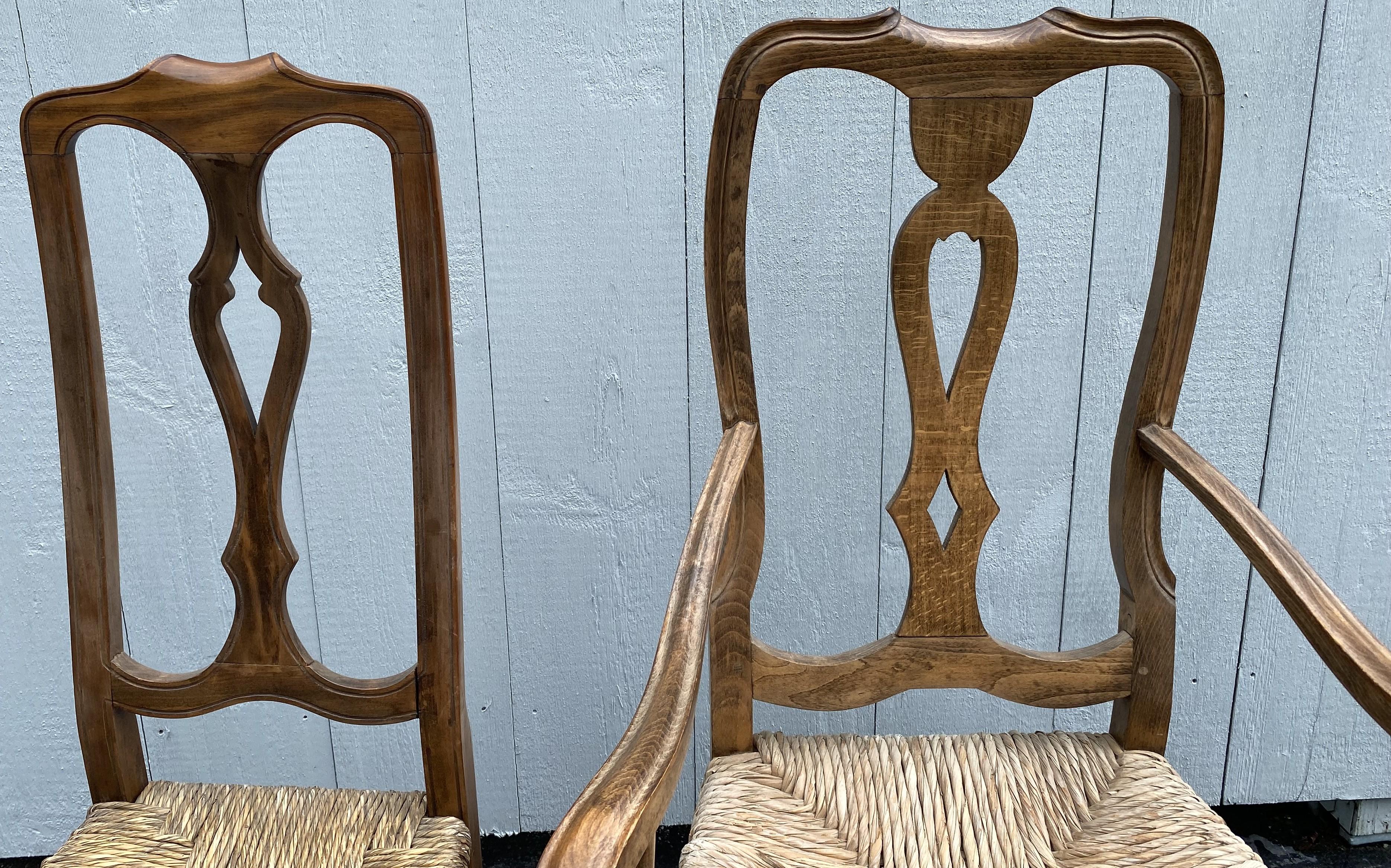 Set of Six French Country Walnut Dining Chairs with Rush Seats For Sale 1