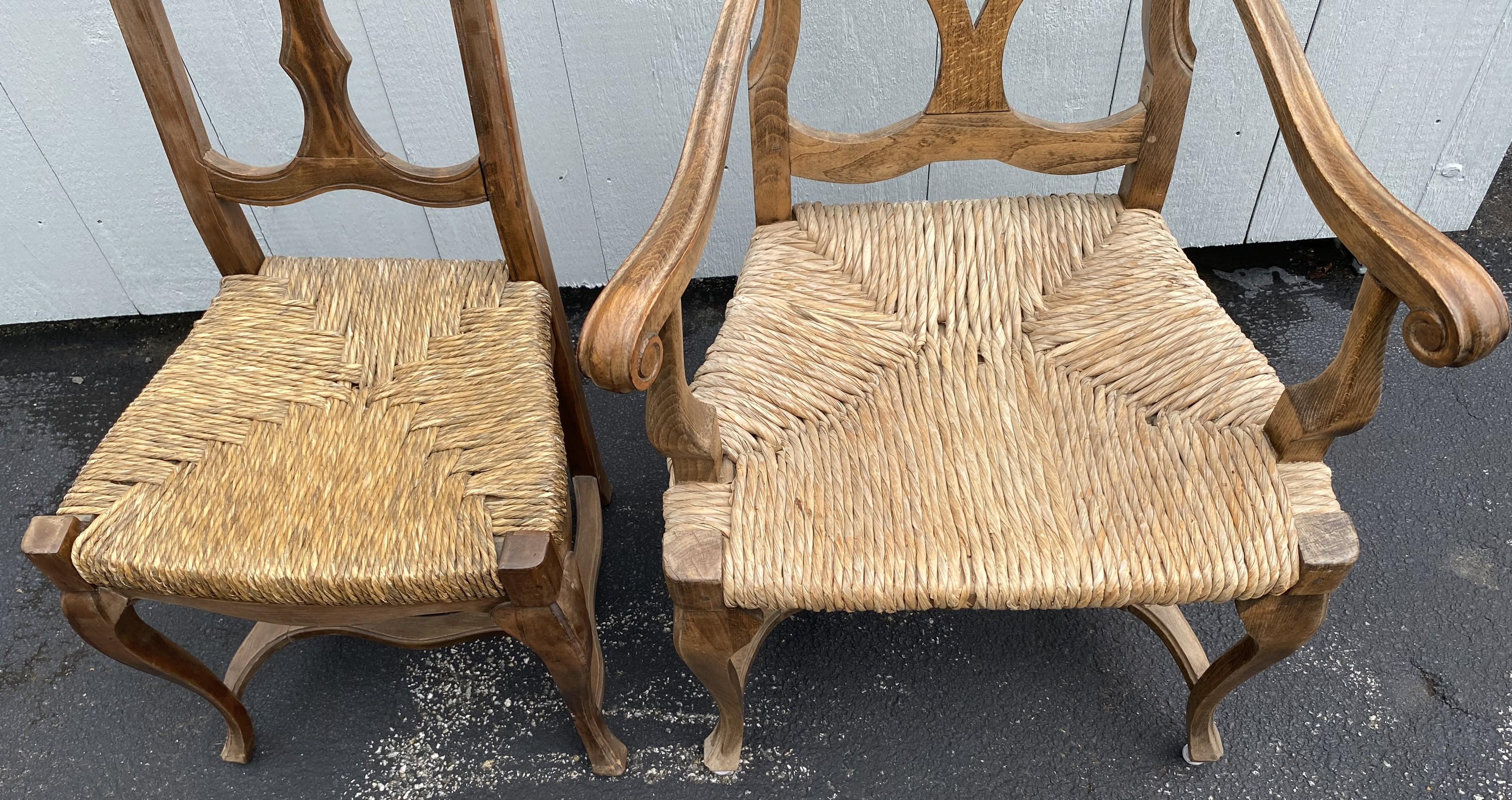 Set of Six French Country Walnut Dining Chairs with Rush Seats For Sale 2