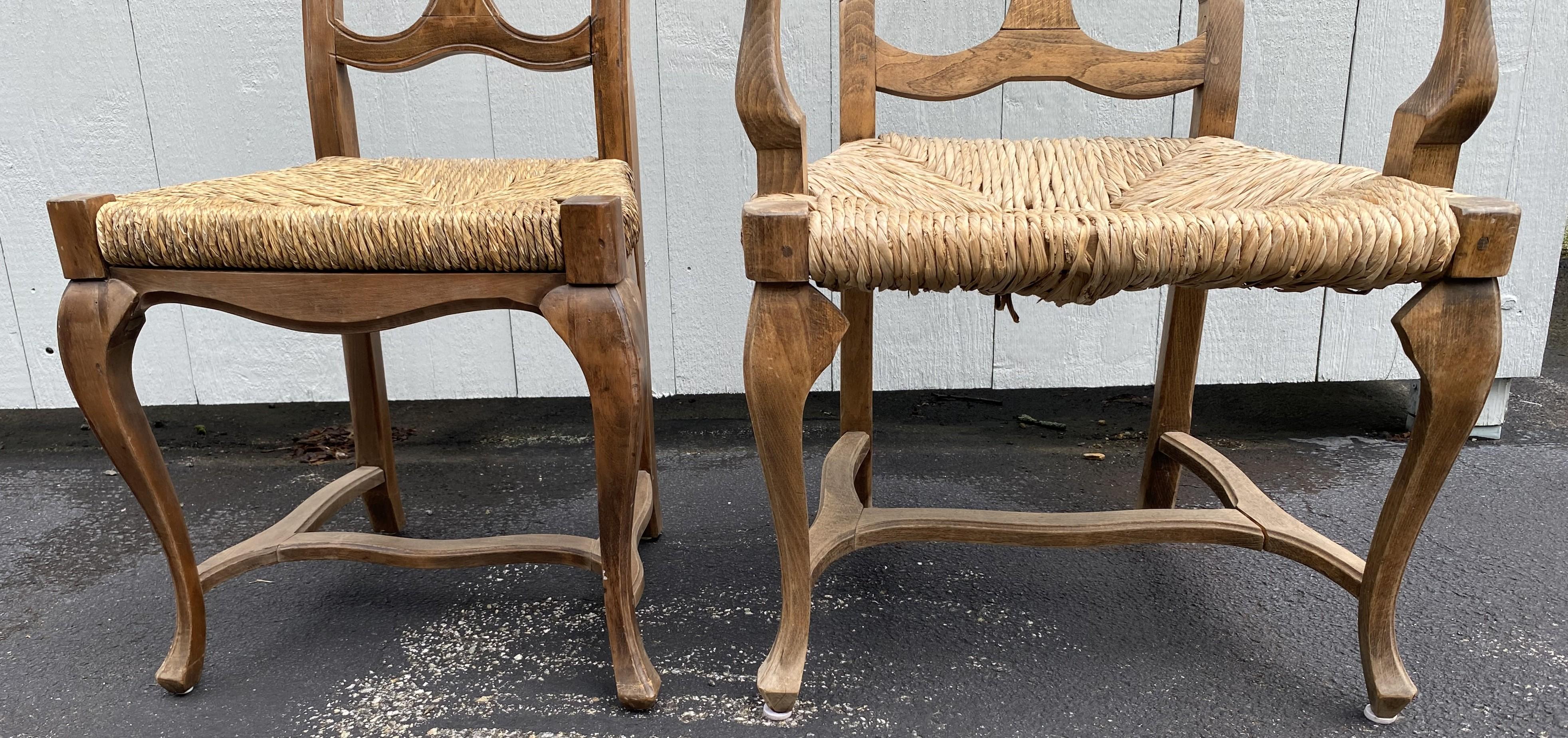 Set of Six French Country Walnut Dining Chairs with Rush Seats For Sale 3