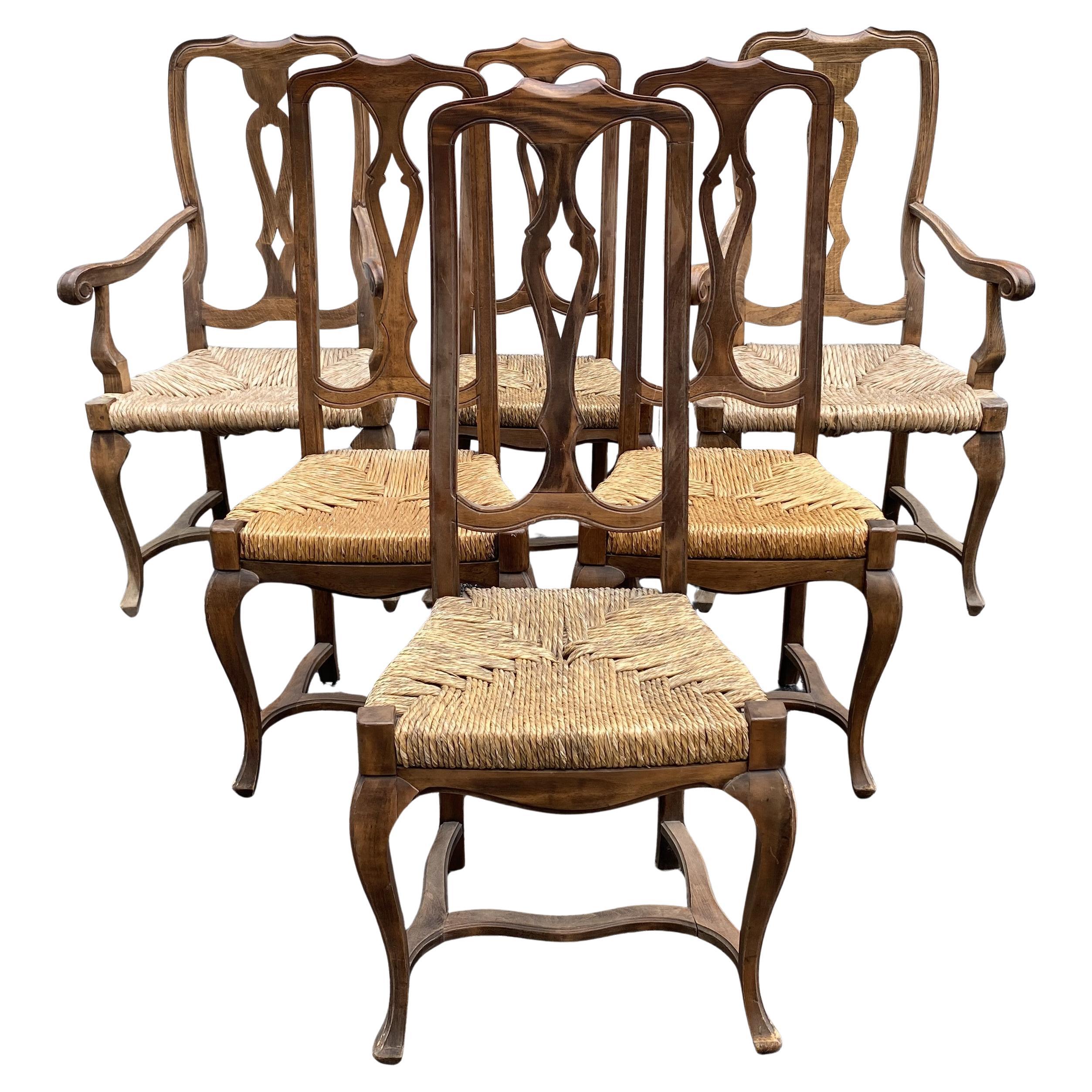Set of Six French Country Walnut Dining Chairs with Rush Seats For Sale