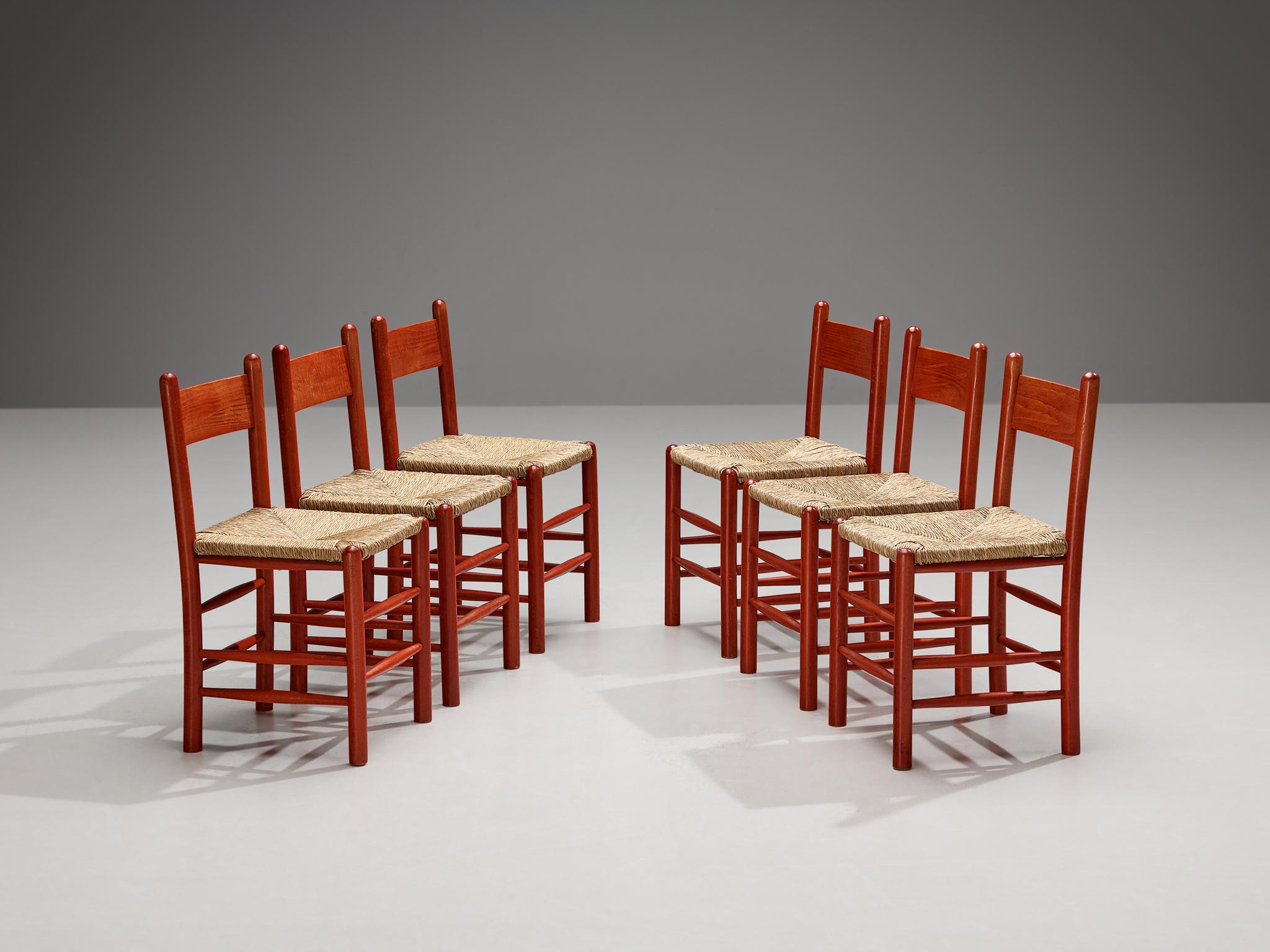 Set of Six French Dining Chairs with Red Wooden Frame and Straw Seats  For Sale 1