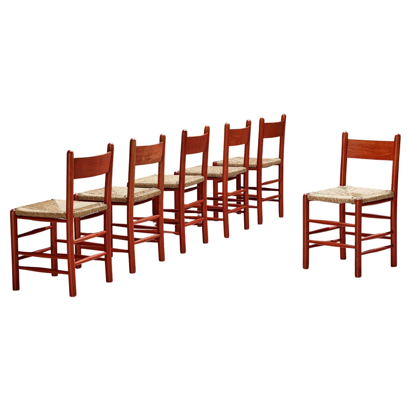 Set of Six French Dining Chairs with Red Wooden Frame and Straw Seats  For Sale
