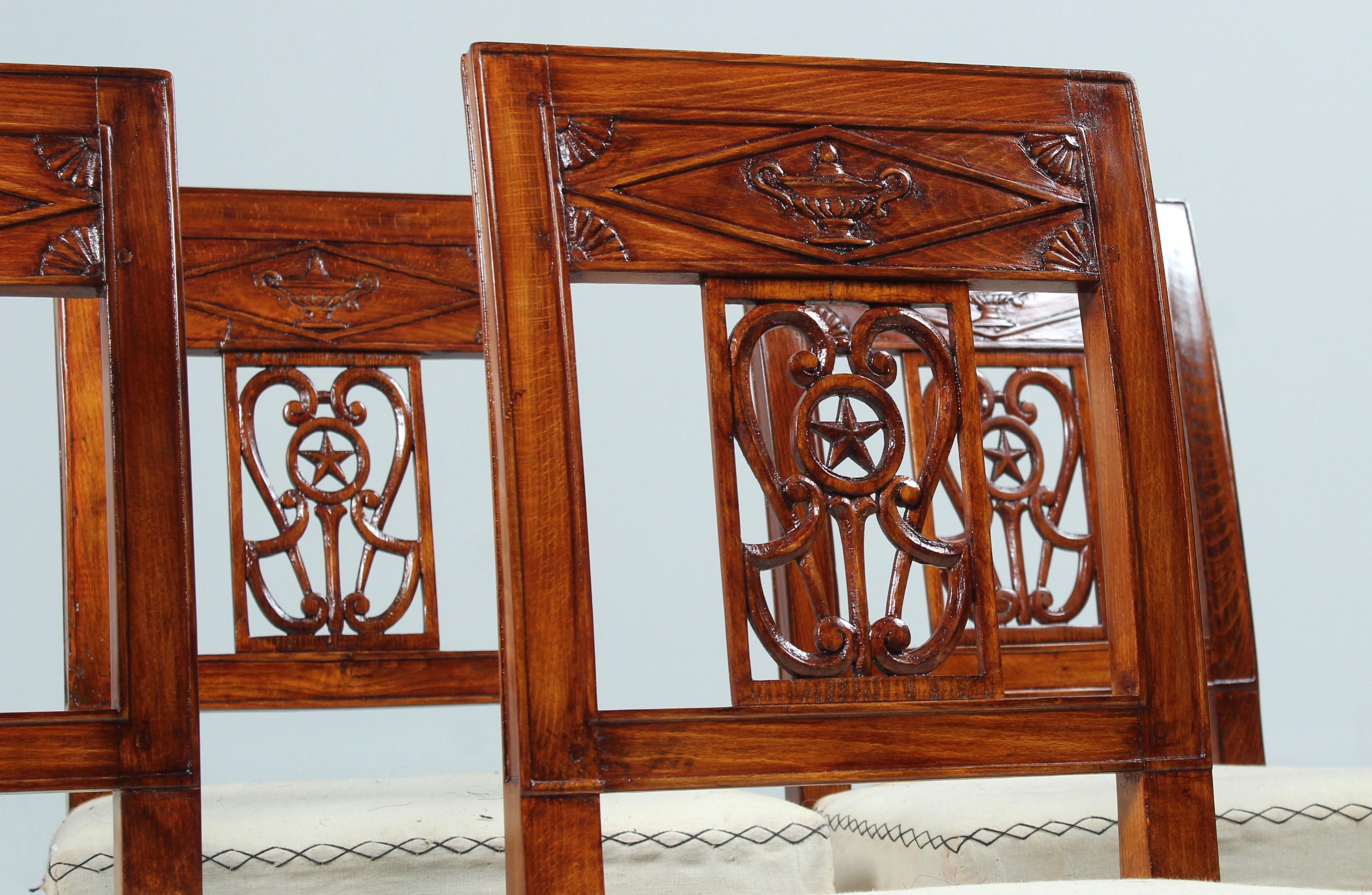 Beech Set of Six French Directoire Chaires, signed J-E Coryn, circa 1800 For Sale