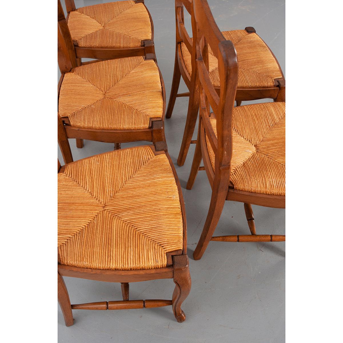 French Provincial Set of Six French Early 20th Century Rush Seat Chairs