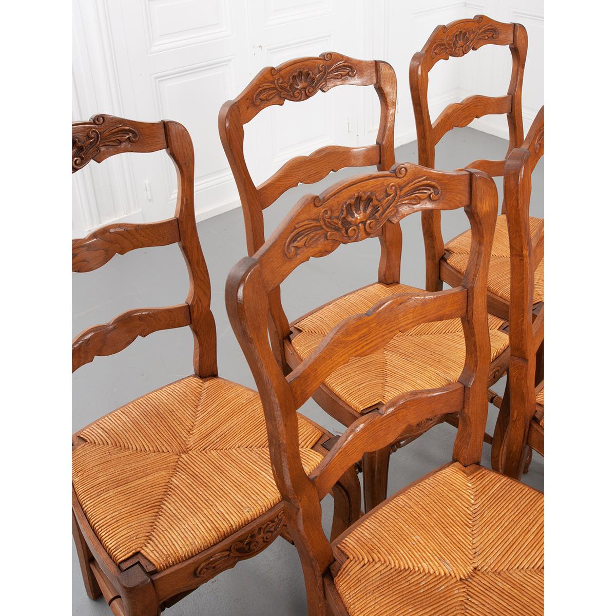 Oak Set of Six French Early 20th Century Rush Seat Chairs