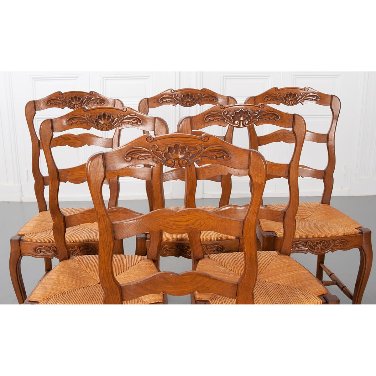 Set of Six French Early 20th Century Rush Seat Chairs 1