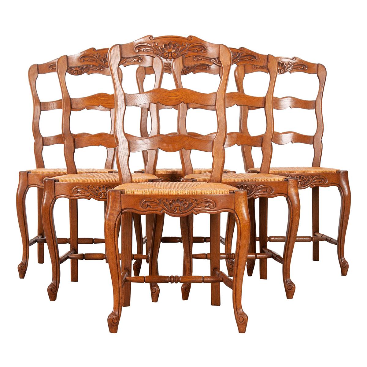 Set of Six French Early 20th Century Rush Seat Chairs