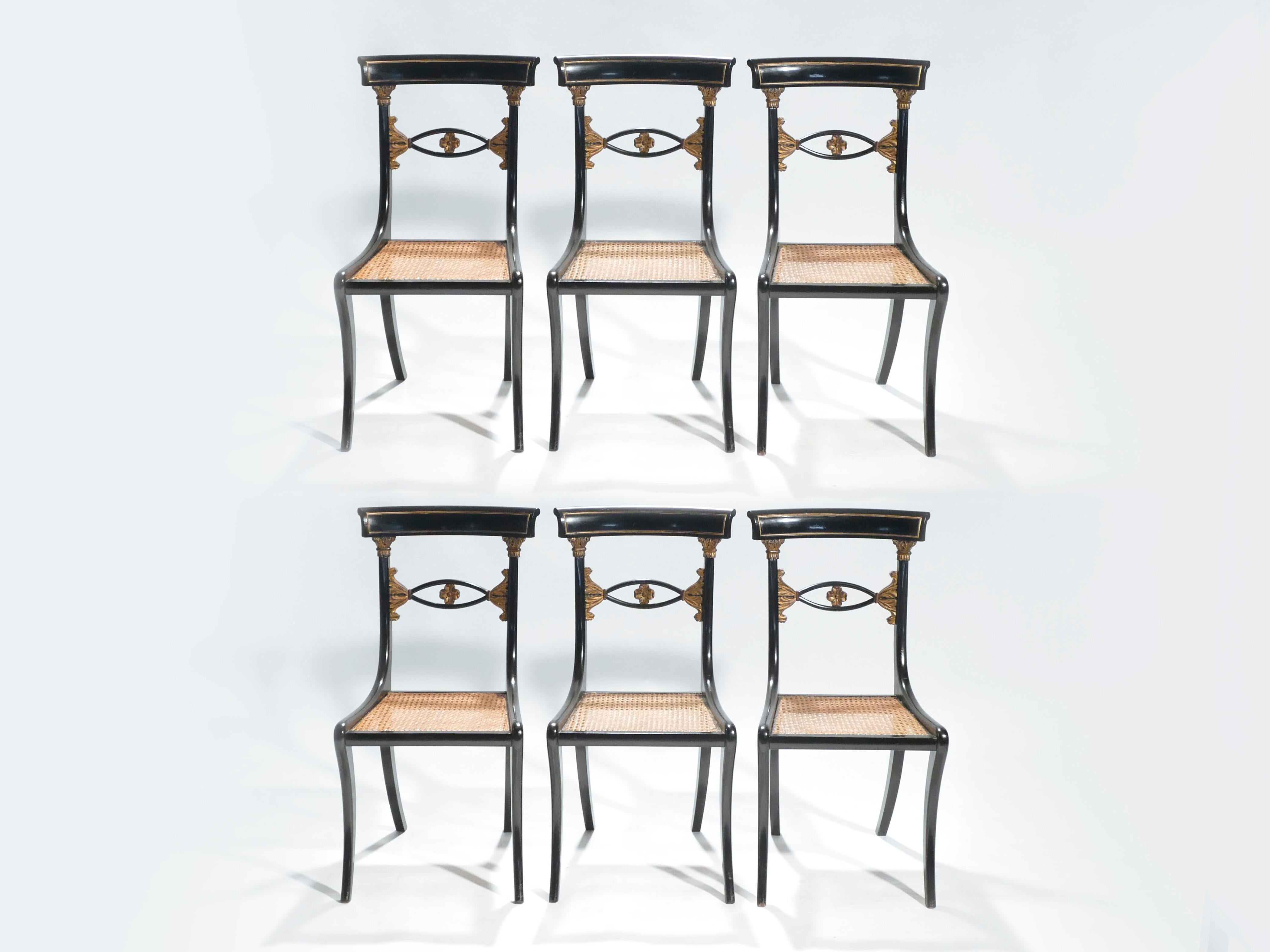 The Directoire style in furniture has its origins in France during the end of the 18th century. Sleek, stately lines, like seen in this set of chairs, were the marks of the style.
This set of sturdy painted wood chairs was actually designed in the