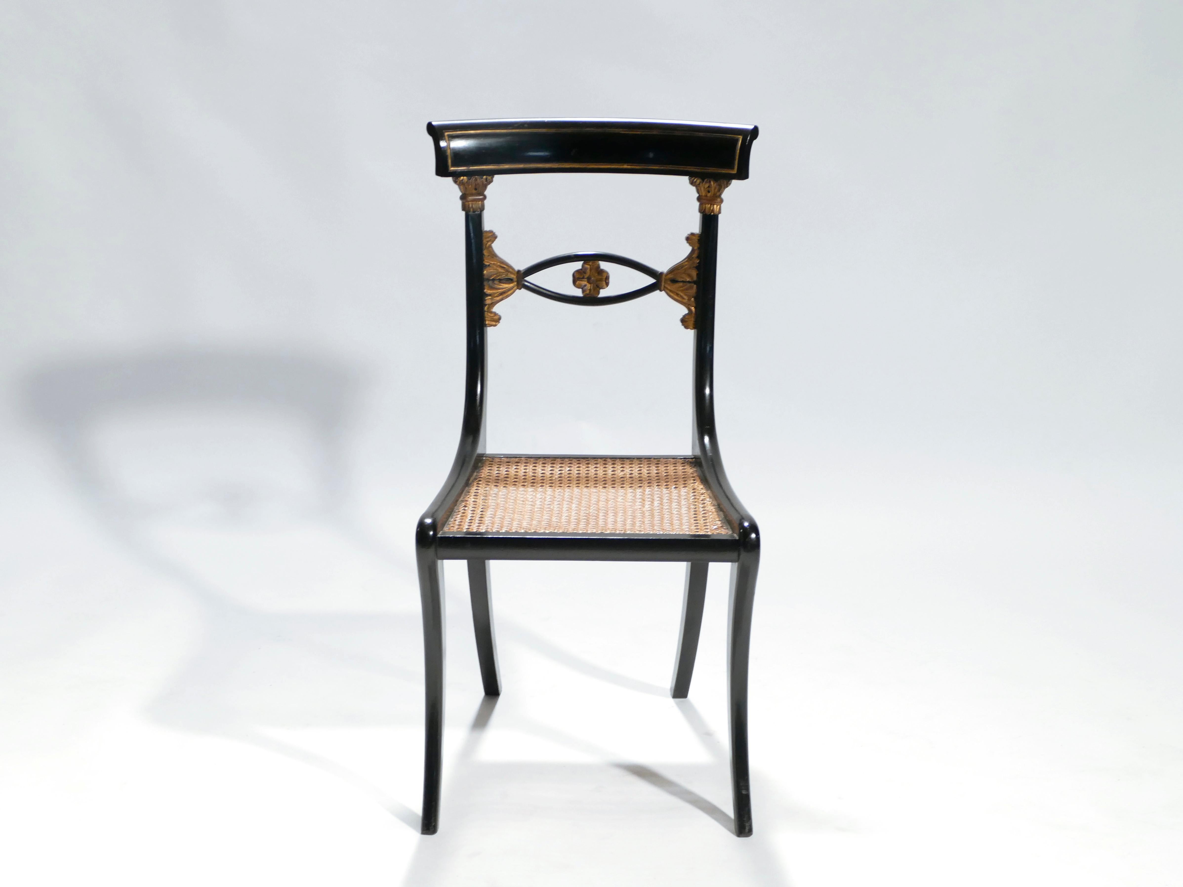 Wood Set of Six French Ebonized Chairs Directoire Style, 1940s