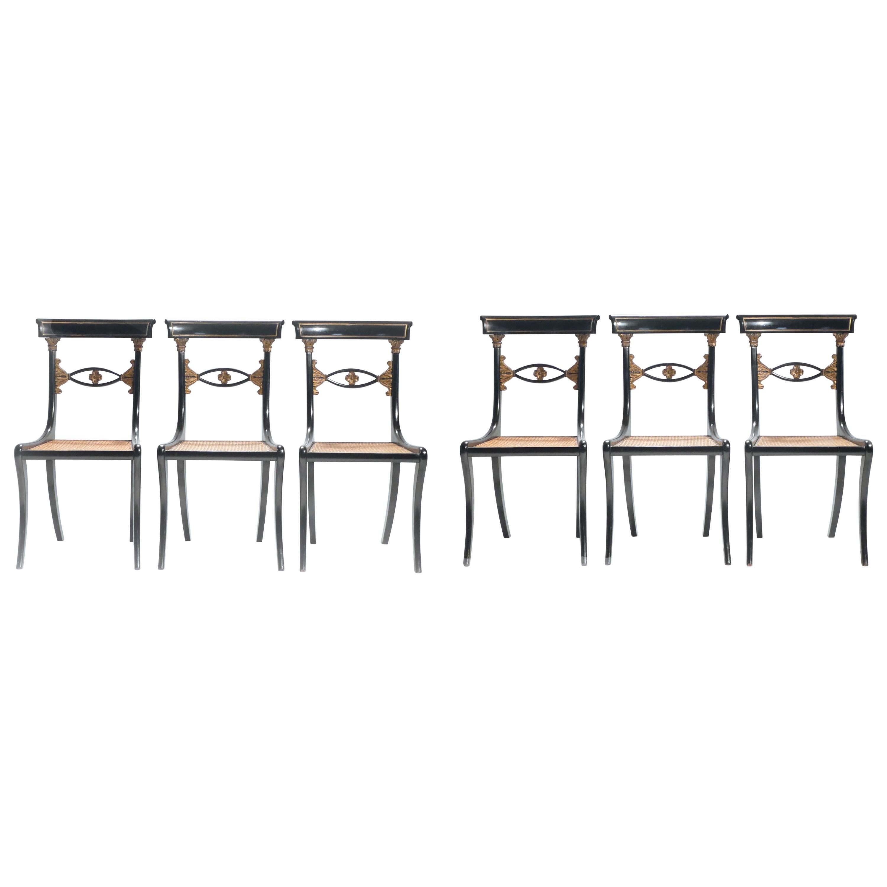 Set of Six French Ebonized Chairs Directoire Style, 1940s