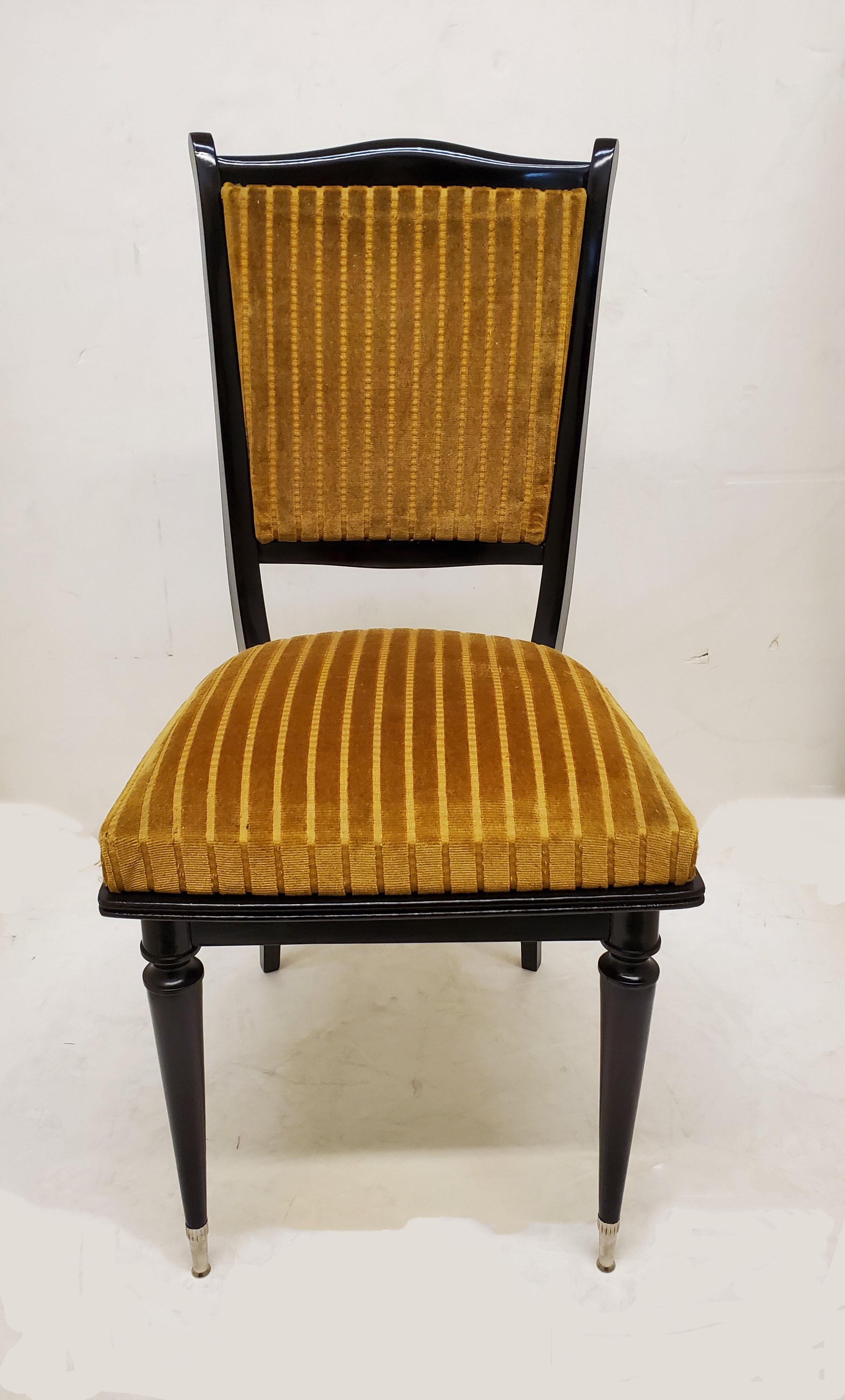 Mid-Century Modern Set of six French ebonized dining chairs with nickeled sabots