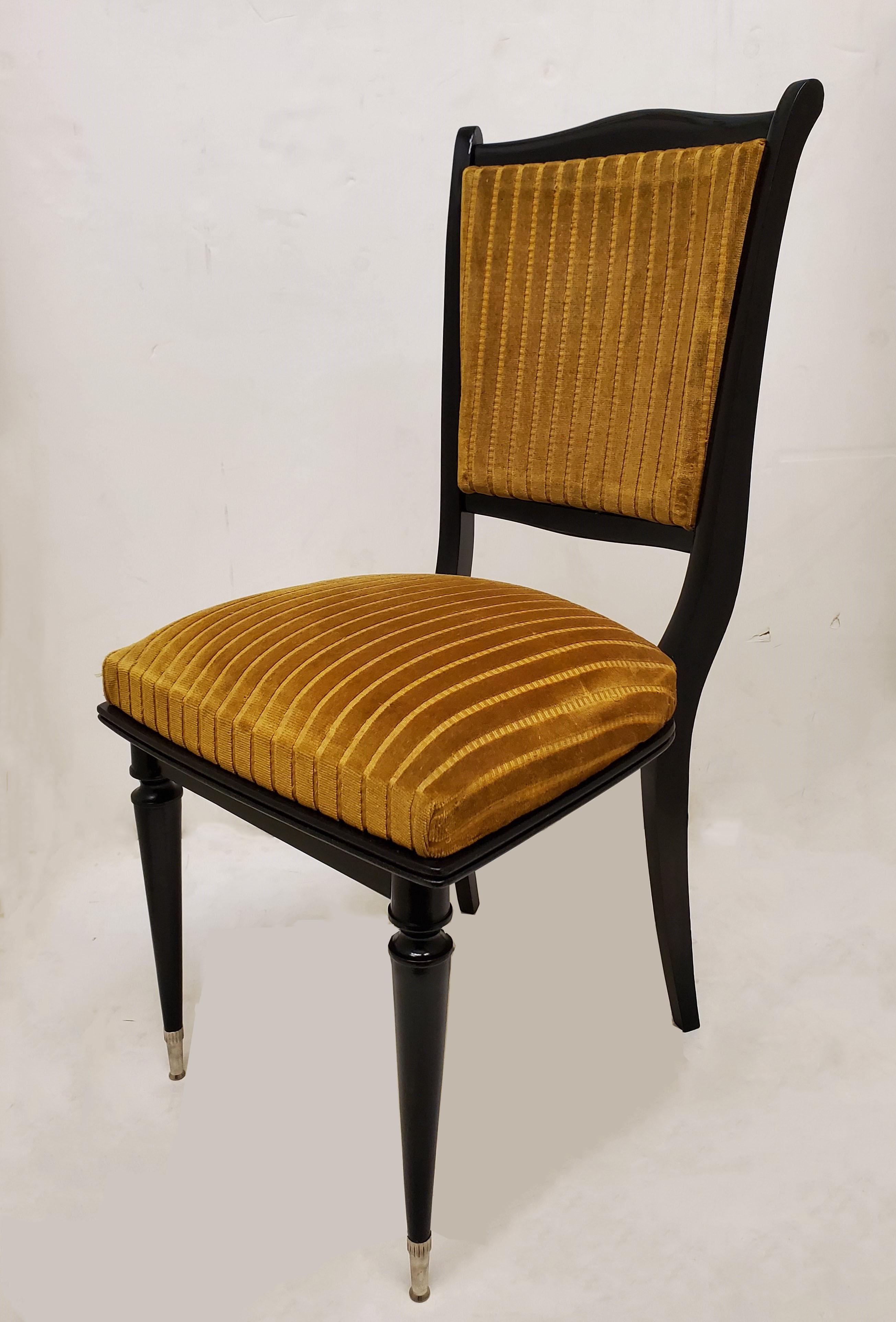 Turned Set of six French ebonized dining chairs with nickeled sabots