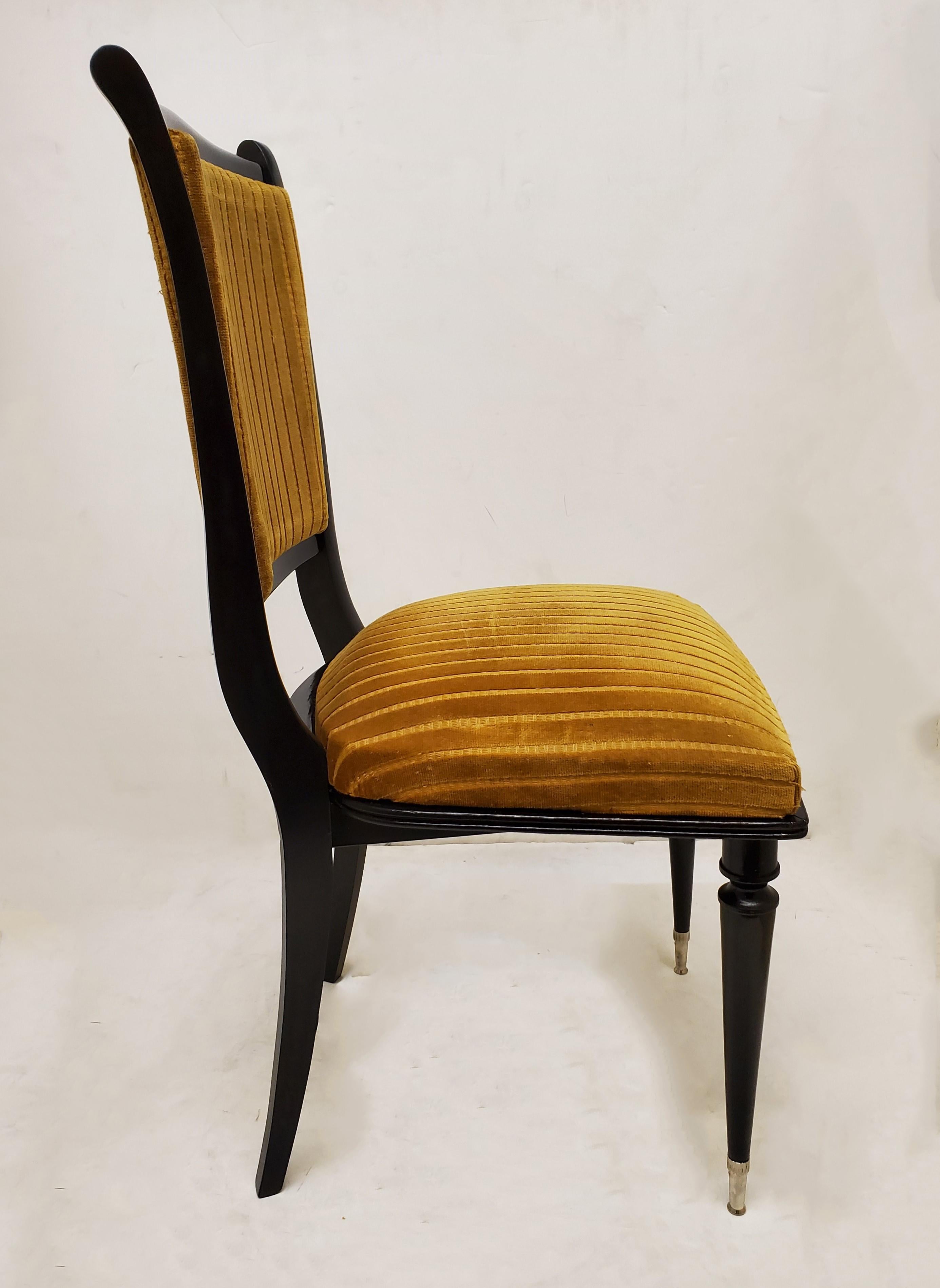 20th Century Set of six French ebonized dining chairs with nickeled sabots