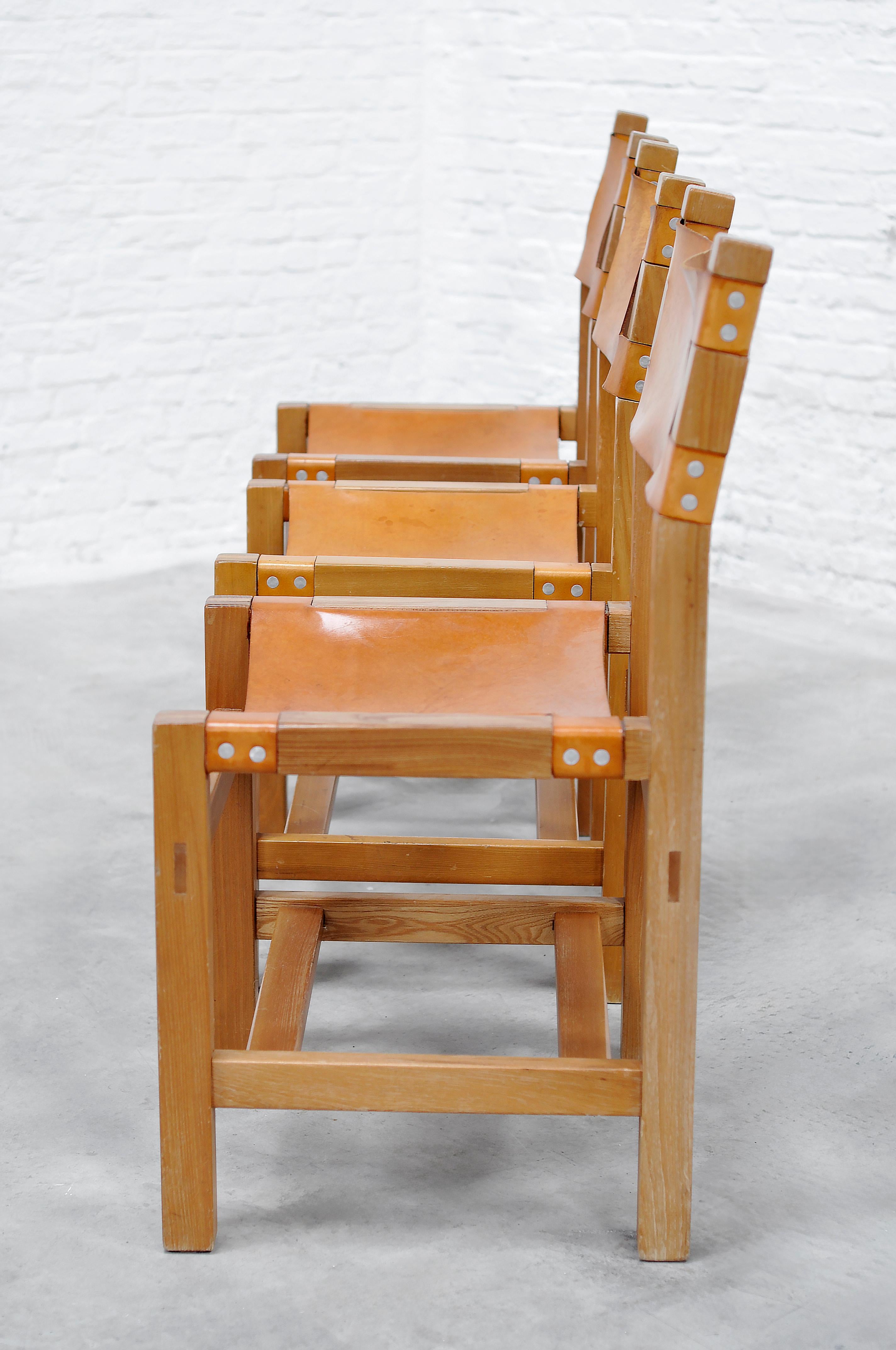 Set of Six French Elm and Leather Dining Chairs by Maison Regain, 1970s For Sale 9