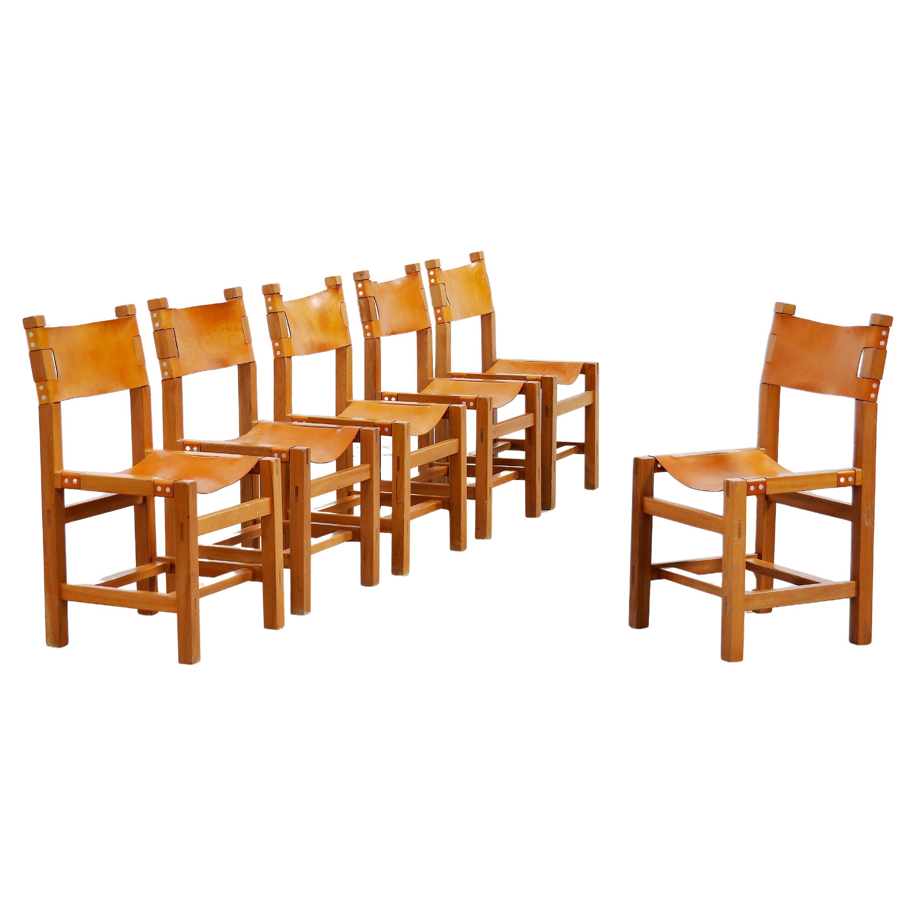 Set of Six French Elm and Leather Dining Chairs by Maison Regain, 1970s