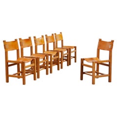 Set of Six French Elm and Leather Dining Chairs by Maison Regain, 1970s