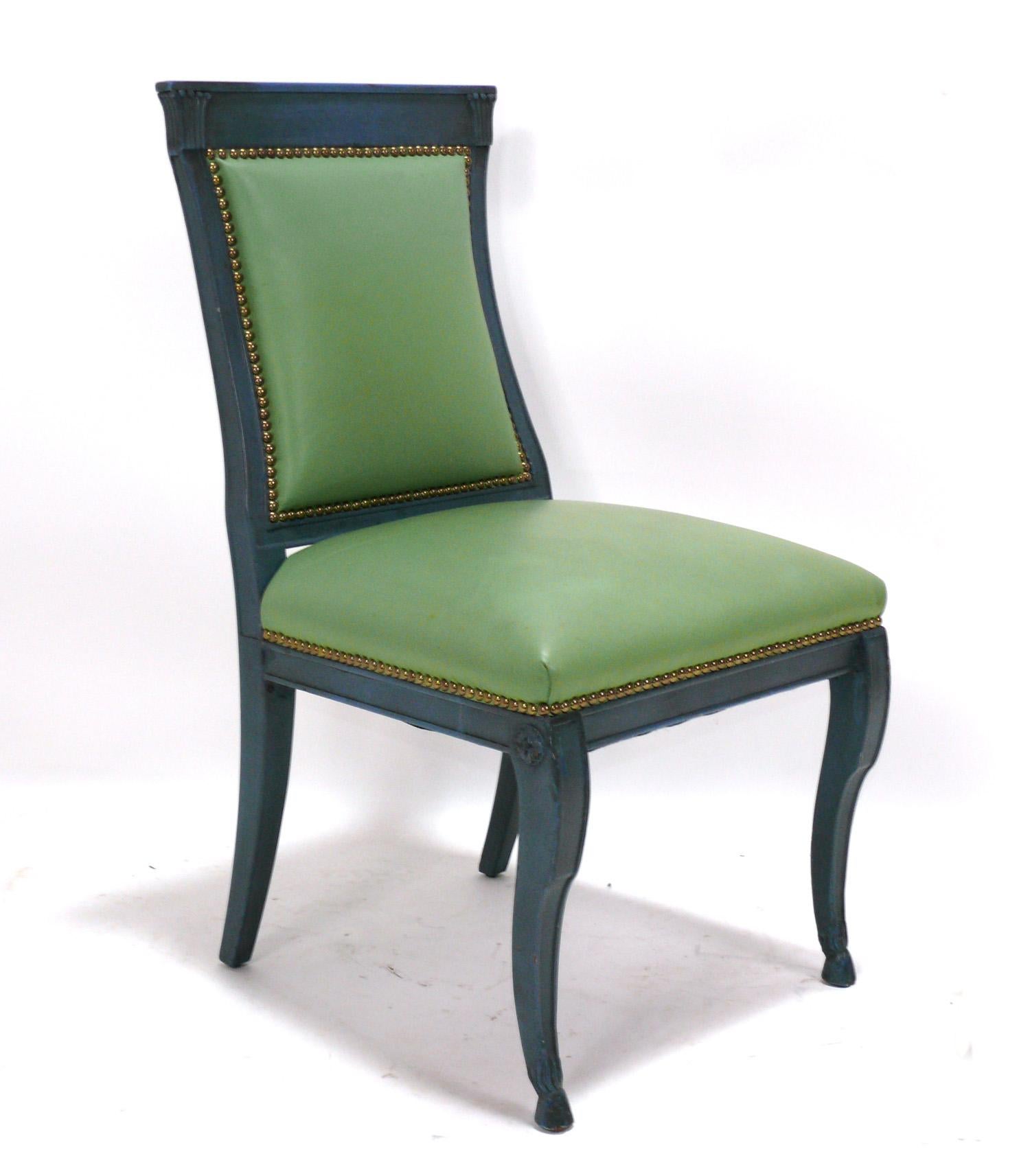 Set of six French Empire style dining chairs, France, circa 1960s. These chairs are currently being refinished and reupholstered and can be completed in your choice of finish color and reupholstered in your fabric. Simply send us 12 yards of your