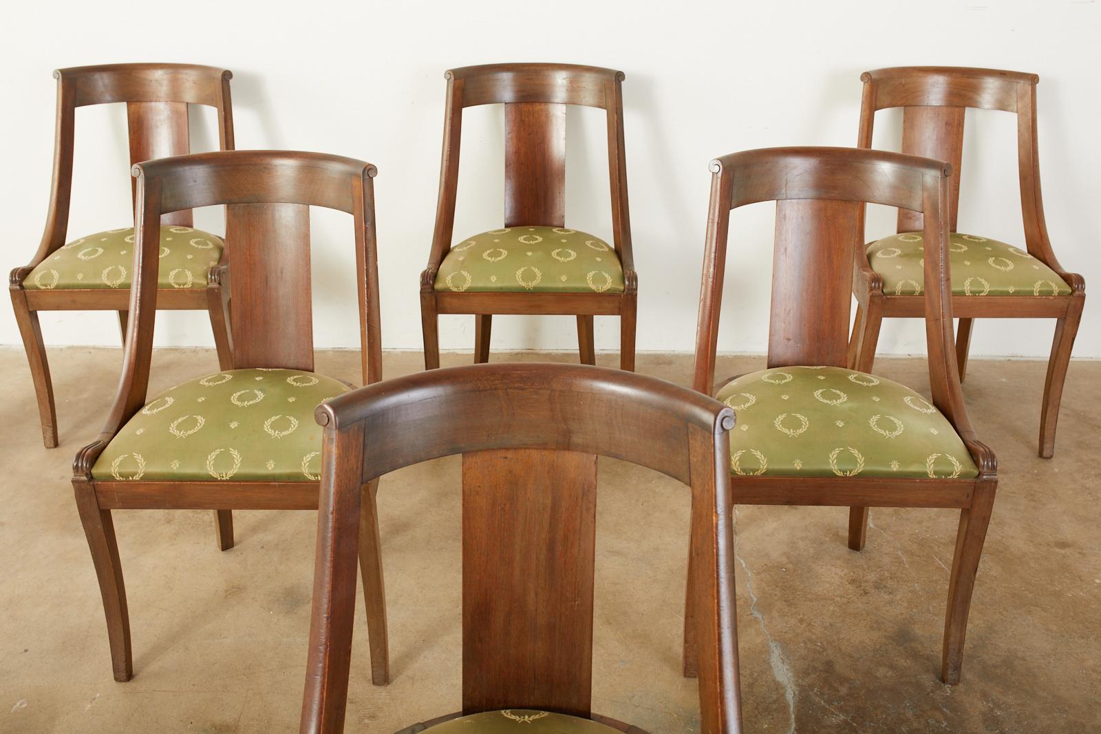 Set of Six French Empire Style Gondola Dining Chairs In Distressed Condition In Rio Vista, CA