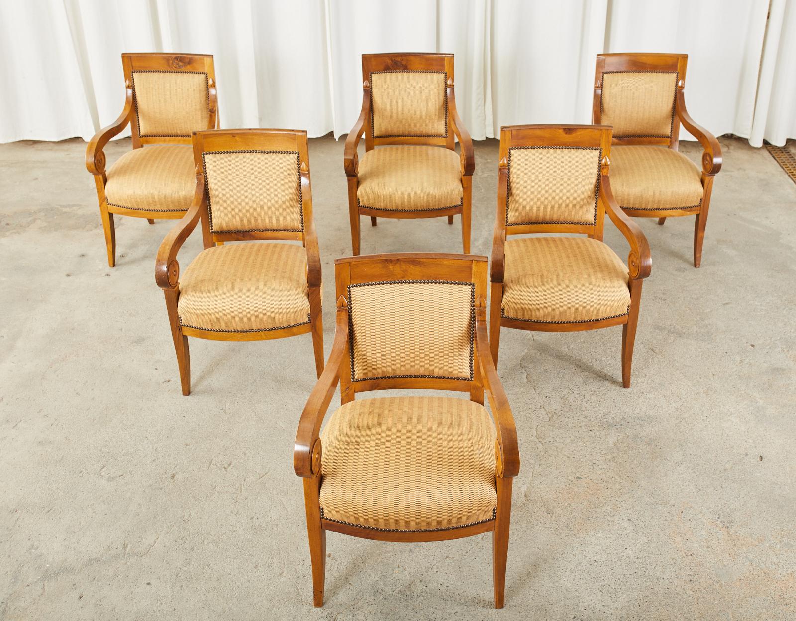 19th Century Set of Six French Empire Walnut Dining Armchairs