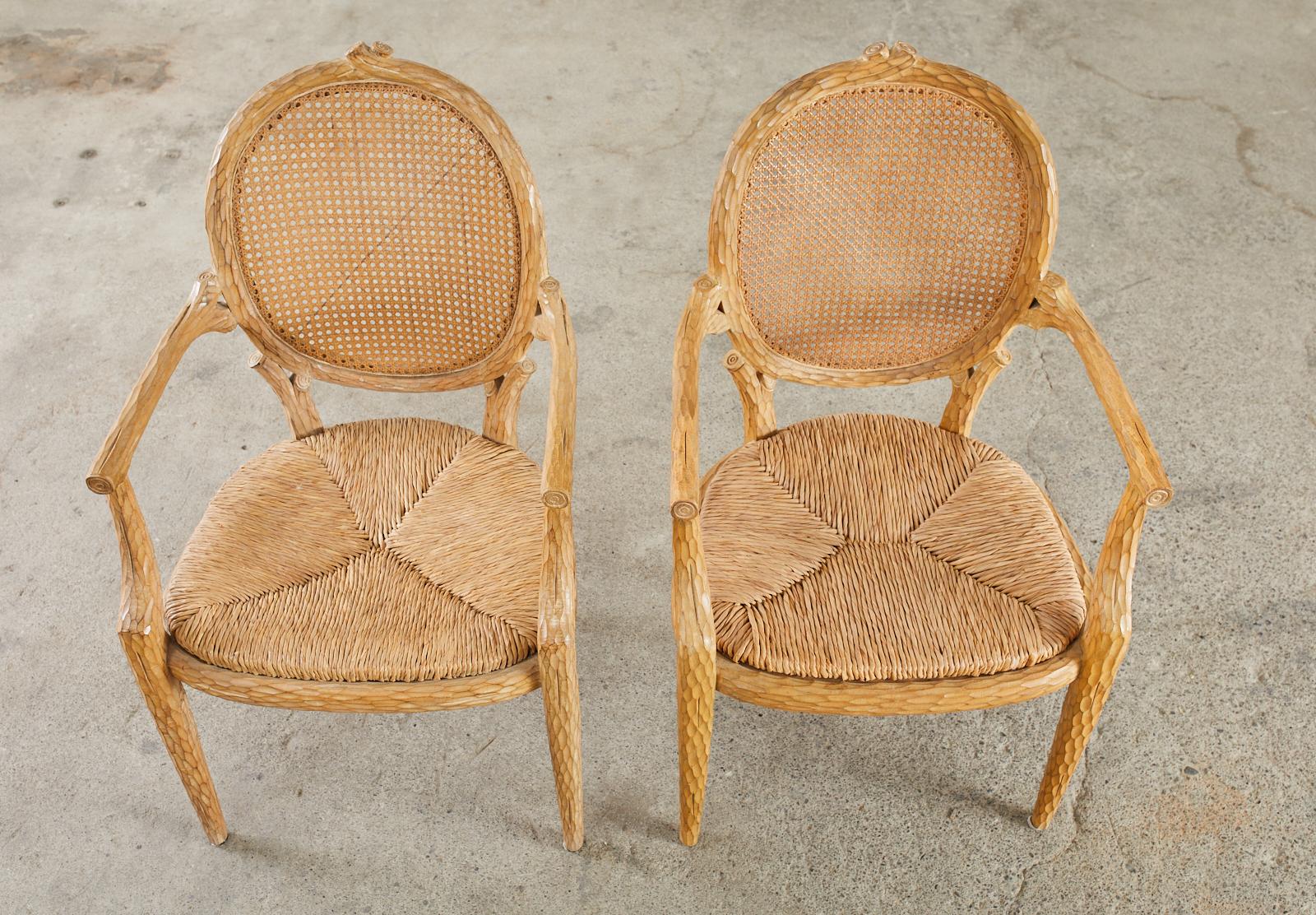 Set of Six French Faux Bois Cane Rush Dining Armchairs 3